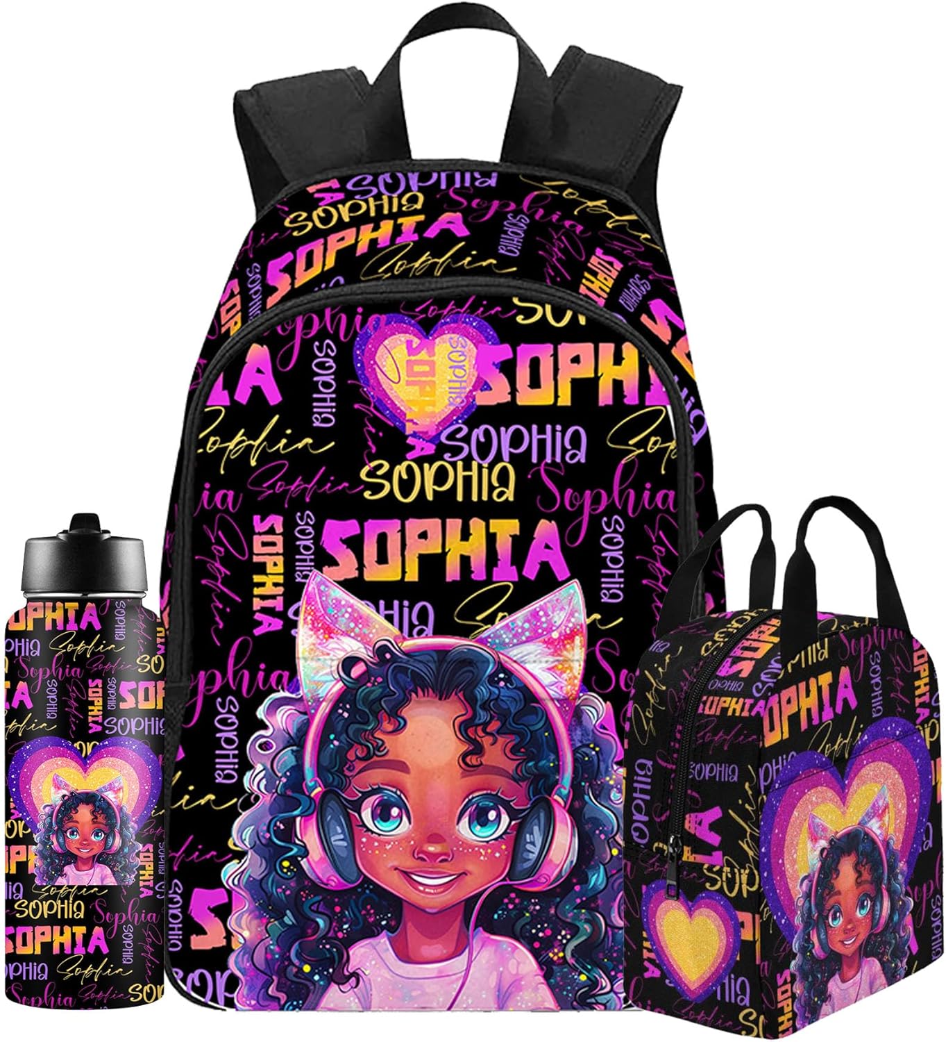 Custom Kids Backpack with Lunch Bag Box for Girls Love Heart Rainbow Sparkle Name Children Casual Daypack Backpacks Personalized with Kid's Name Preschool School Bag Travel Bookbag for School Season
