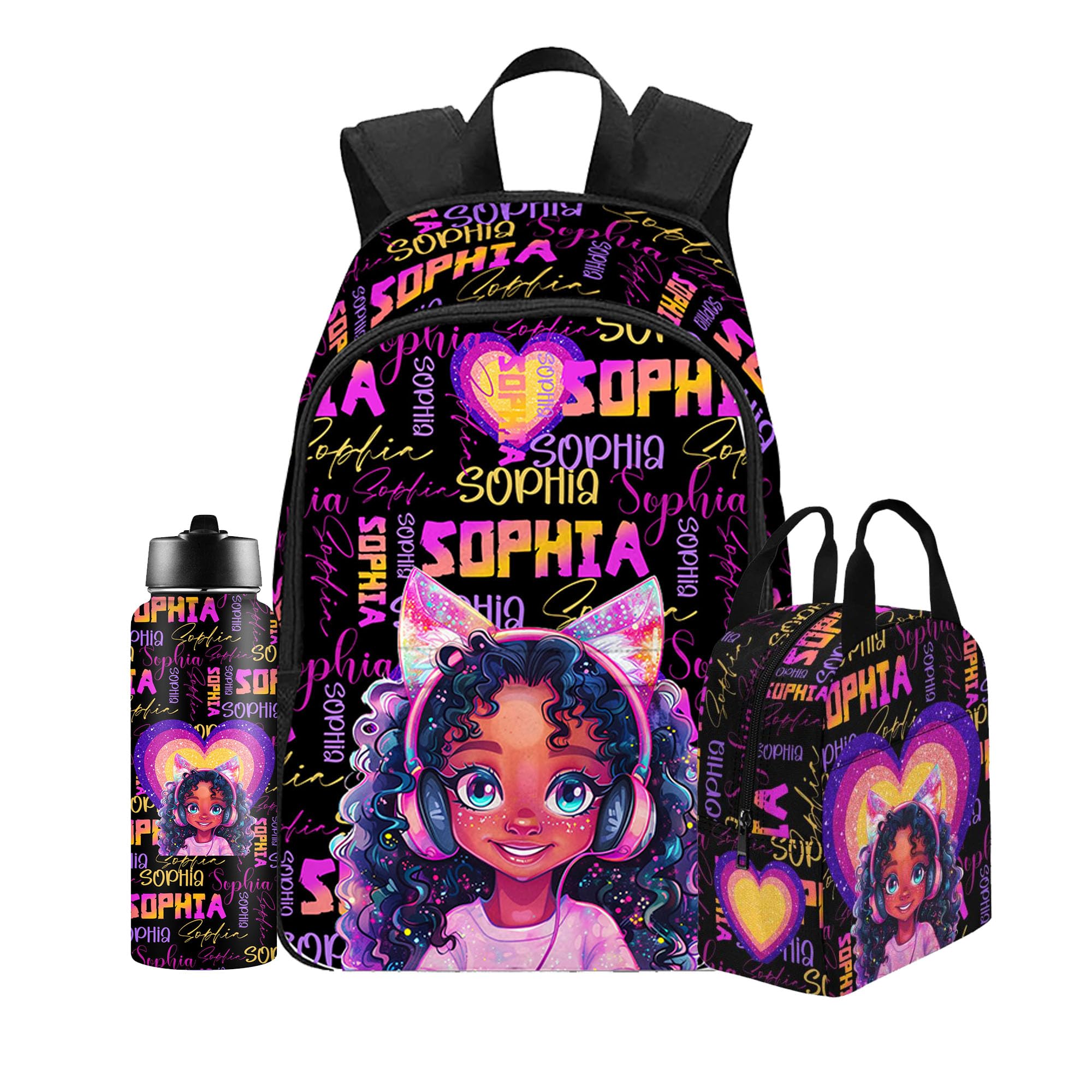 Custom Kids Backpack with Lunch Bag Box for Girls Love Heart Rainbow Sparkle Name Children Casual Daypack Backpacks Personalized with Kid's Name