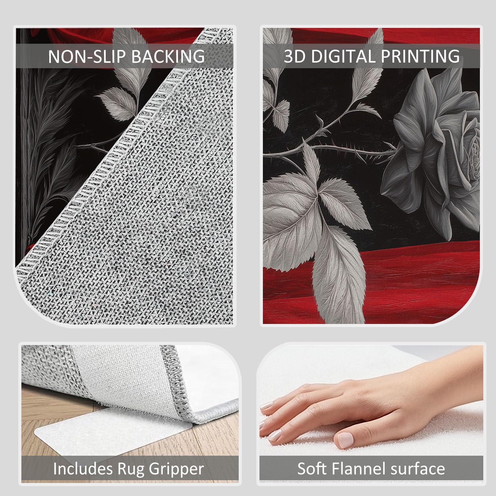 Generisch Teppich 160 x 230cm Weich rutschfest - Rote Vorhänge Schwarze Rosen Druck Muster für Dekoration Schlafzimmer Kinderzimmer Esszimmer Paarzimmer Kurzflor