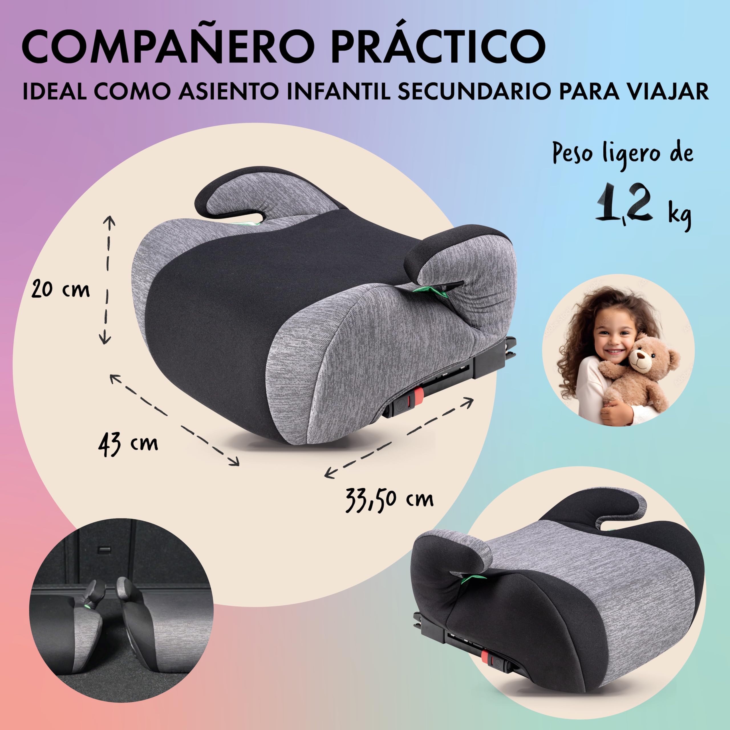 WALSER asiento elevador infantil coche ISOFIX, asiento infantil coche 125-150 cm, plaza elevador niños auto Raffi última norma 2024 ECE R 129 gris/negro