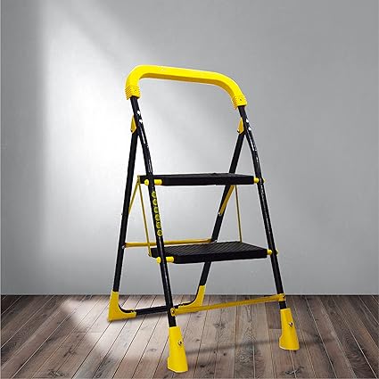 Trendy Cameo Heavy Duty Foldable Step Ladder with Anti-Skid Shoes and Extra Strong Wide Steps (Yellow and Black) (2 Step, Yellow), Metal