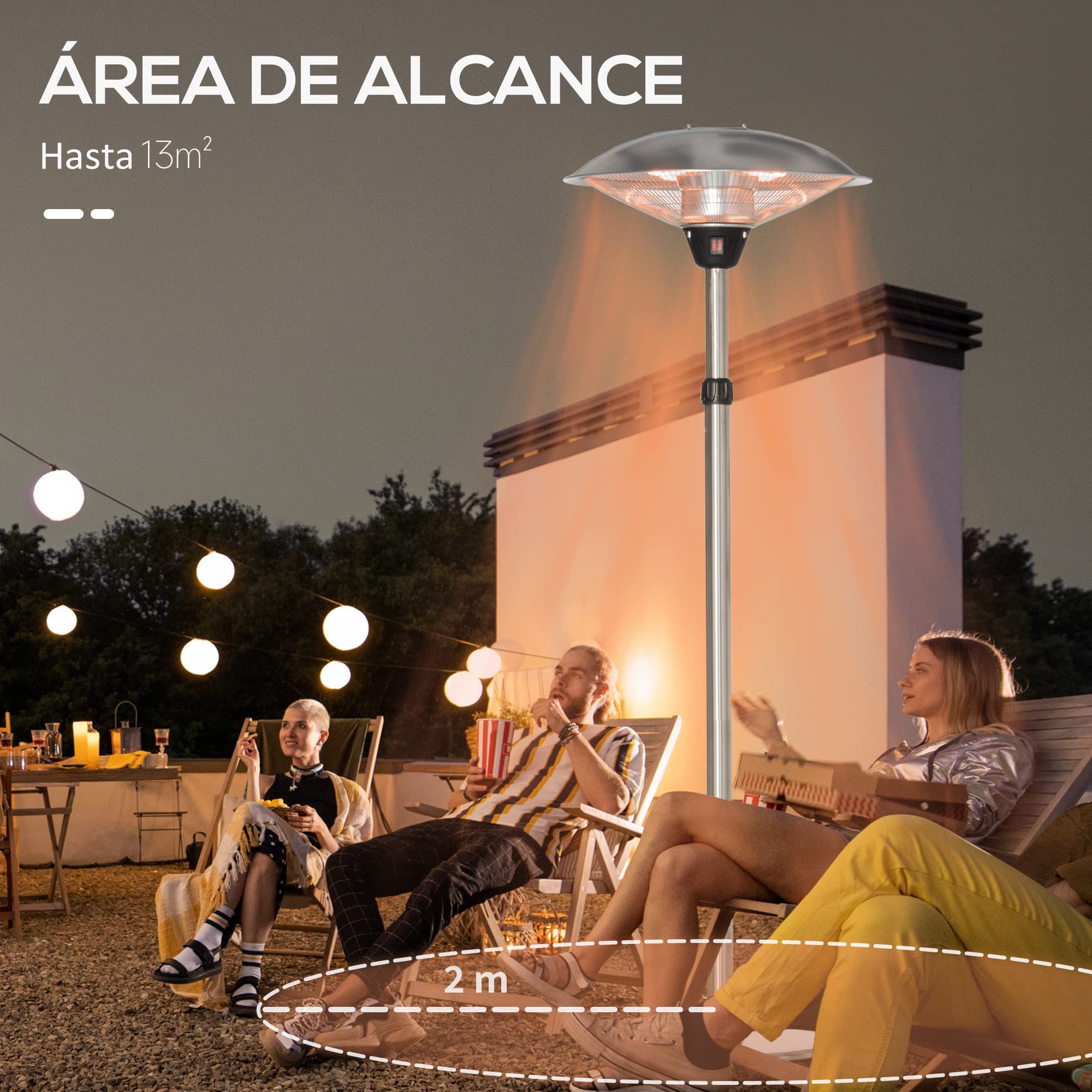 Outsunny Calefactor de Pie de Exterior 1200/1800/3000W Estufa de Infrarrojos con 3 Niveles de Calor Altura Ajustable Protección IP44 para Terraza Patio Aluminio Acero Inoxidable 12,5 m² Plata