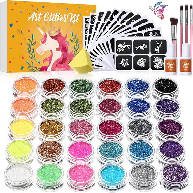 Glitter Tattoos for Kids, Bledras Temporary Glitter Tattoo Kit, 30 Colors Glitter, 147 Stencils, 2 Glue, 4 Brushes, Glitter Make Up Kit for Kids & Adults, Gift for Girls Boys Birthday Party Festival
