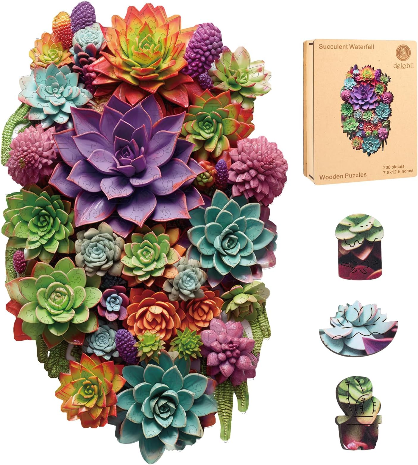 Delobil Mothers Day Puzzles for Adults with Puzzle Saver - Succulent Wooden Puzzle Gifts for Mom Unique Adult Jigsaw Puzzles Brain Teaser Family 200 Pieces 12.6" X 7.8"