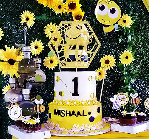 Miniatura 2 de Bumble Bee One Cake Topper  Decoración de pastel de doble cara con purpurina dorada de abeja de miel para primer cumpleaños, baby shower, fiesta de