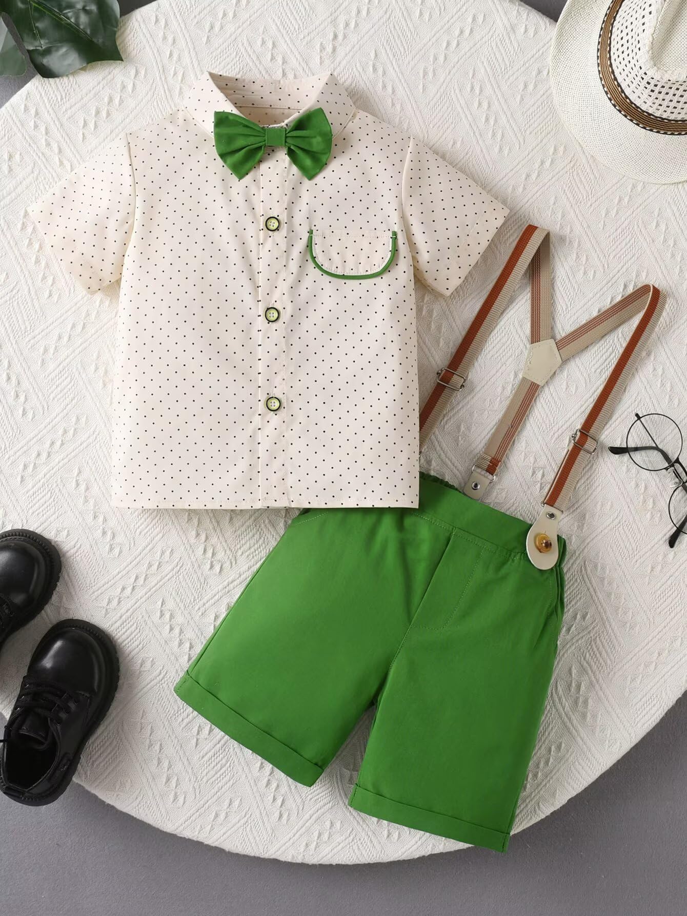 Boy Suit Gentleman Outfit Tuxedo Clothes Set, Beige Polka Dots Short Sleeve Dress Shirt with Green Bow Tie + Suspender Shorts Sets 4-5T