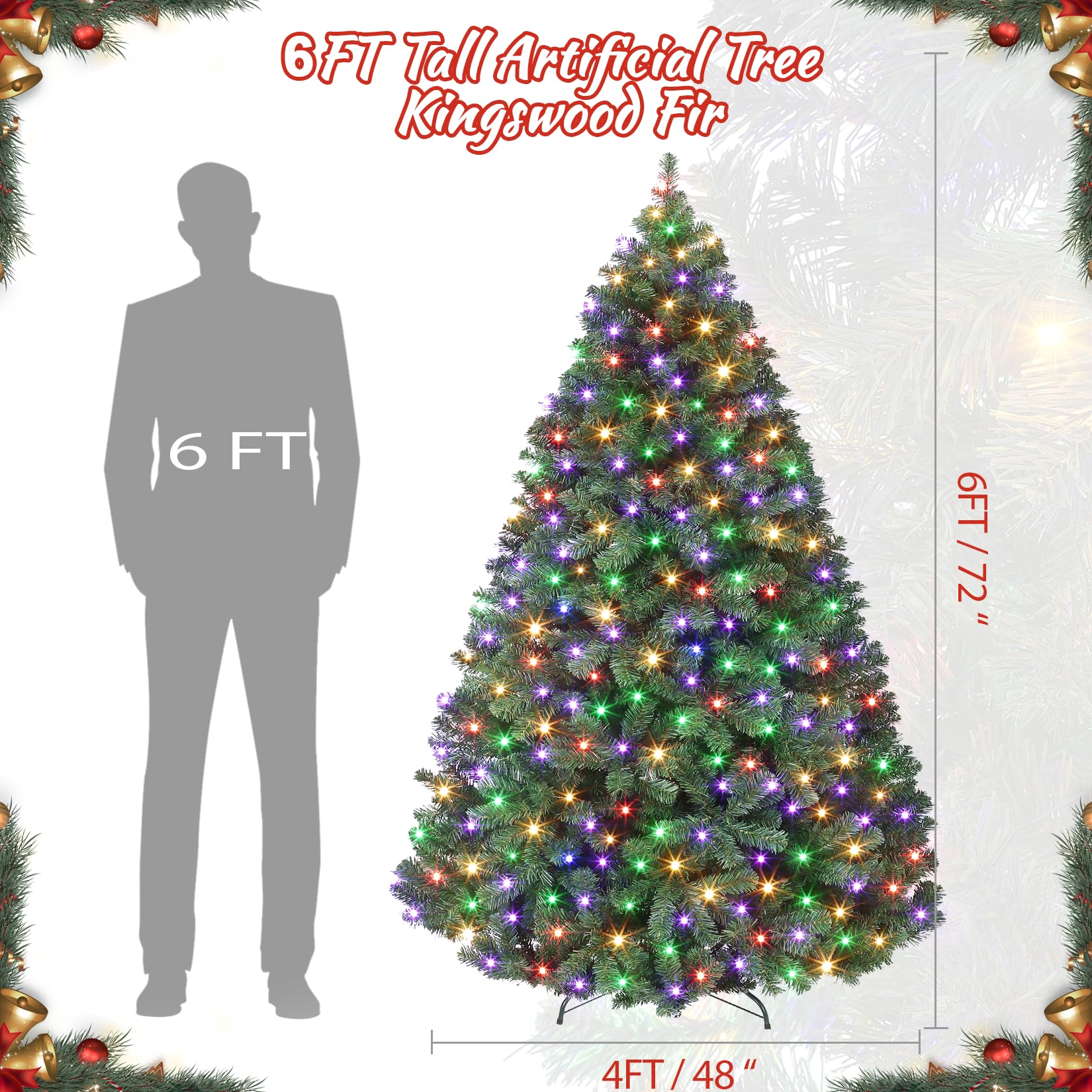 Garvee 180 cm Weihnachtsbaum Künstlich mit 250 Beleuchtung, Künstlicher Weihnachtsbaum, PVC Tannenbaum mit 758 grünen Spitzen Ø 114 cm Kunstbaum Weihnachten mit Metallständer& Klapp-Schirmsystem