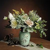 WAKISAKI Faux Flowers in Ceramic Vase - Lifelike Artificial Eucalyptus, Calla Lilies, Dahlias & Lavender Bouquet for Home Decor Centerpieces