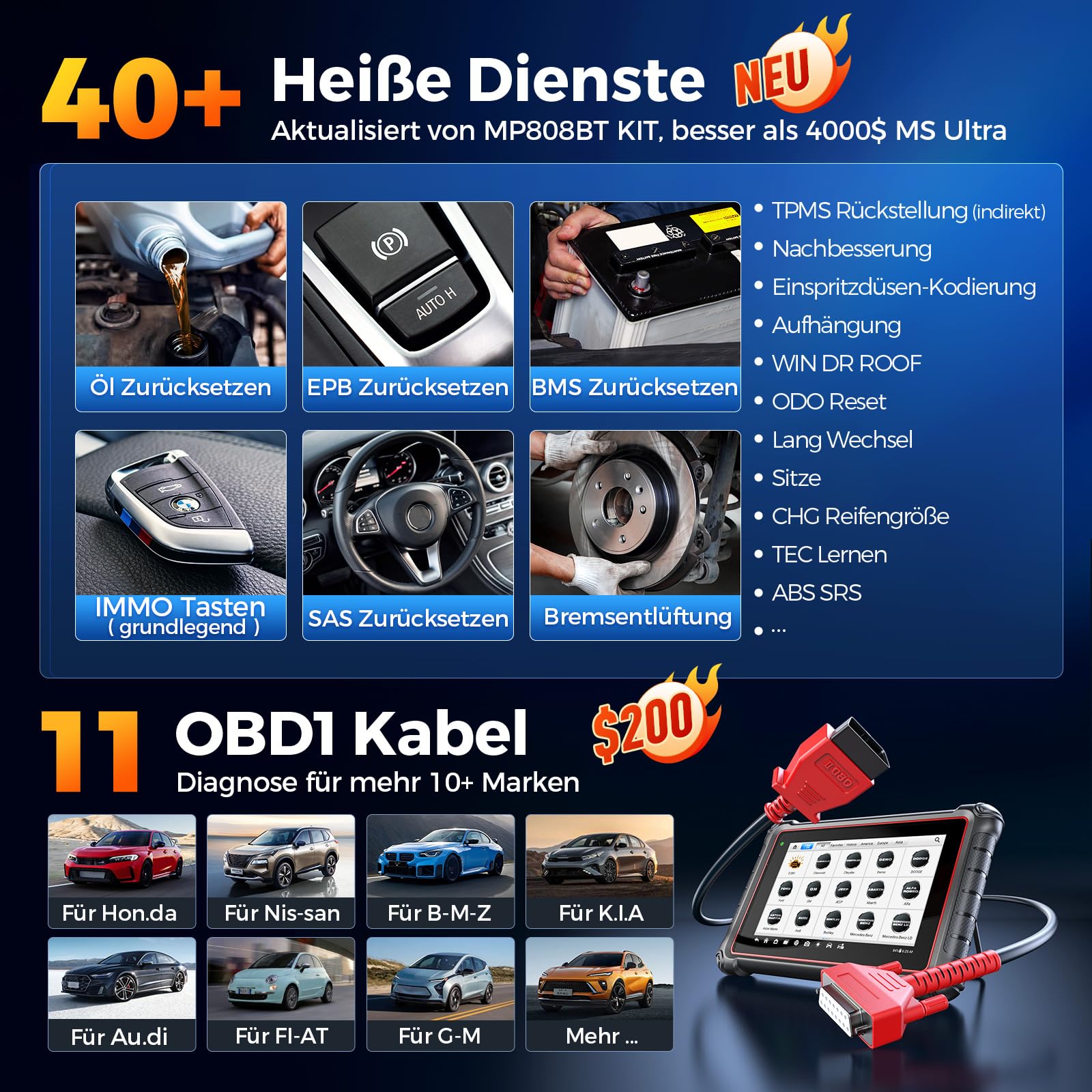 Autel MaxiPRO MP900E KIT OBD2 Diagnosegerät, 2024 Aufstockung von MP808BT KIT/MP808BT Pro/MS906BT w/ 11 Non-OBDII Adapter Kit, DoIP CAN-FD, 40+ Dienst, ECU Kodierung, Bi-Direktionaler Test, FCA SGW