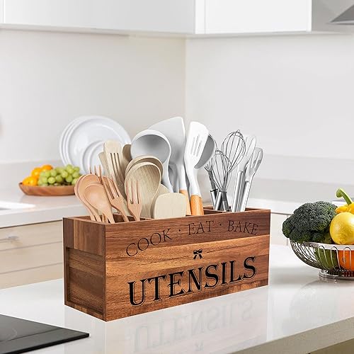 Vista 15 de Suli Soporte extra grande para utensilios de cocina con 4 compartimentos, organizador de utensilios de madera para encimera, decoración de cocina
