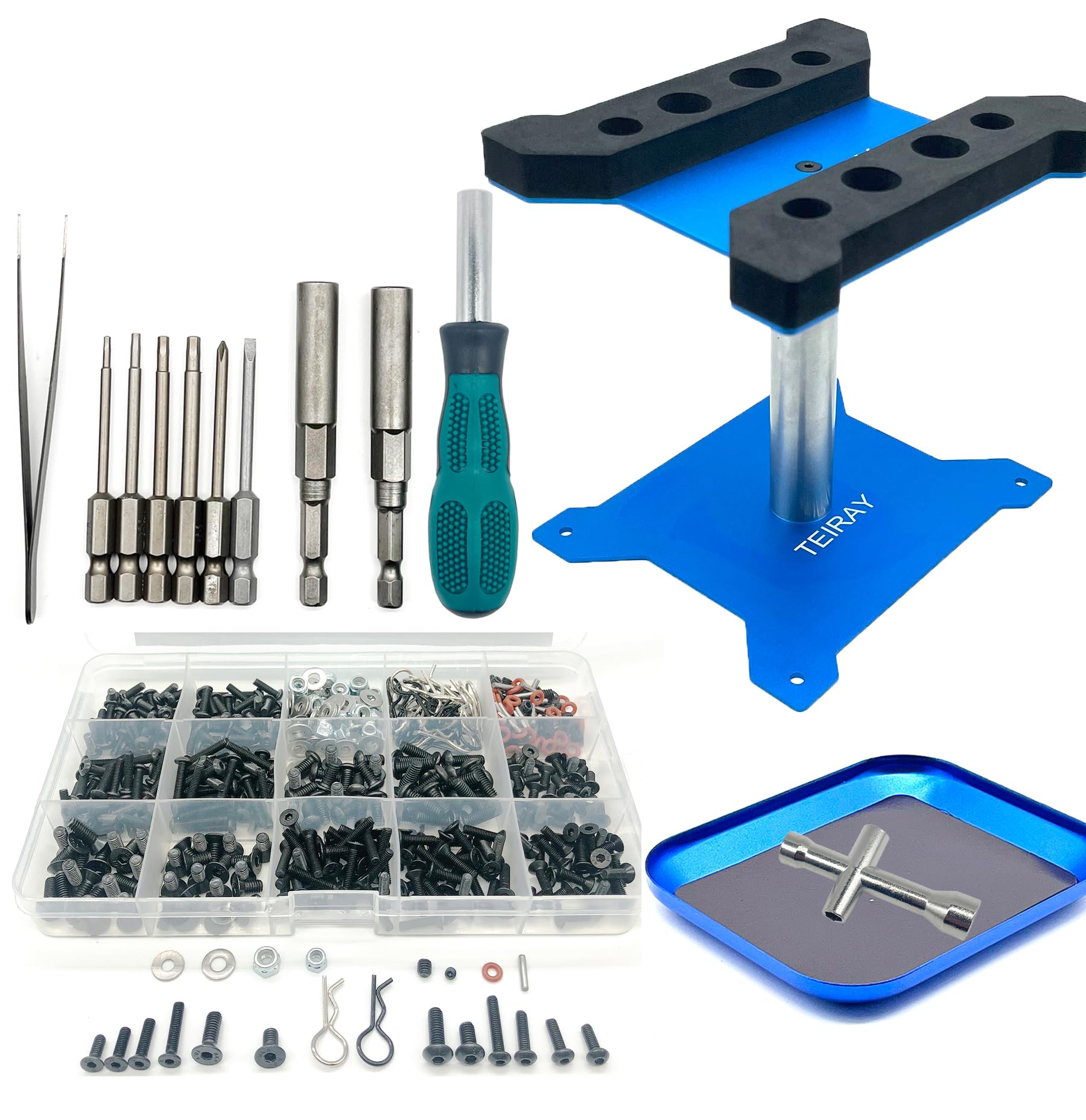 TEIRAY RC Car Repair Work Stand Repair Tool Set 360 Degree Rotation and 600 PCS RC Screws Kit and Screws Pallet Kit and RC Screwdrivers for 1/8 1/10 1/12 1/16 1/18 RC Car Truck Crawler (Blue)