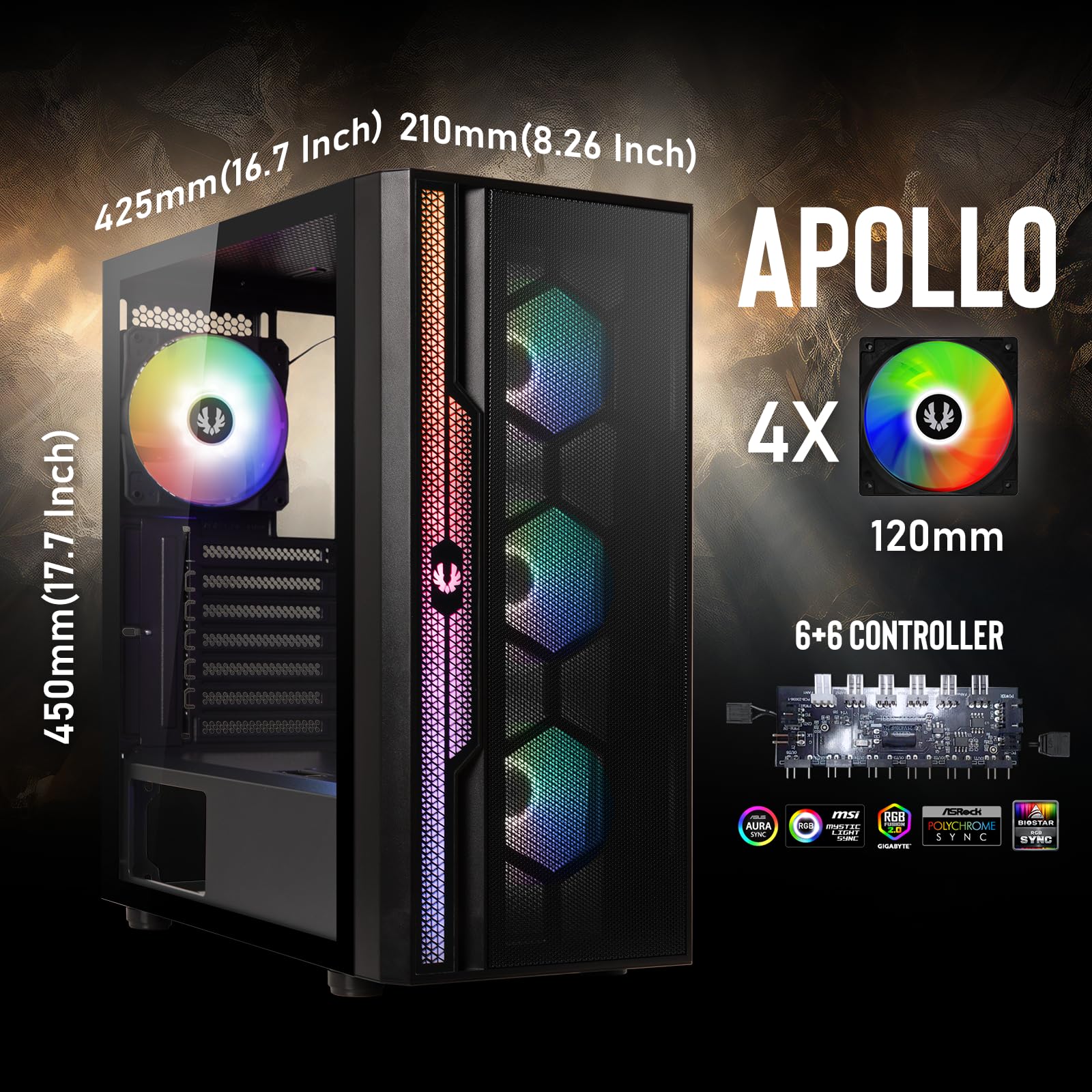 Caja para PC Media Torre Apollo (Negro) 4 Ventiladores ARGB