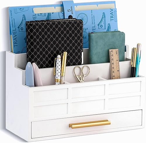 Organizador de escritorio de madera blanca y accesorios con cajón, organizador de correo de facturas y soporte de correo para suministros de