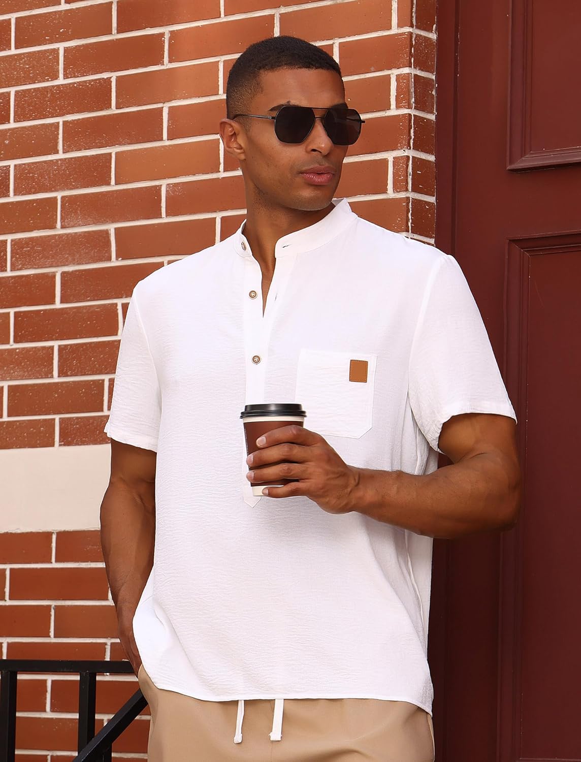 OLEMEK Men's Henley Shirts Band Collar Short Sleeve Casual Basic Tee Summer Button Henley Soild T Shirt with Pocket - Image 4