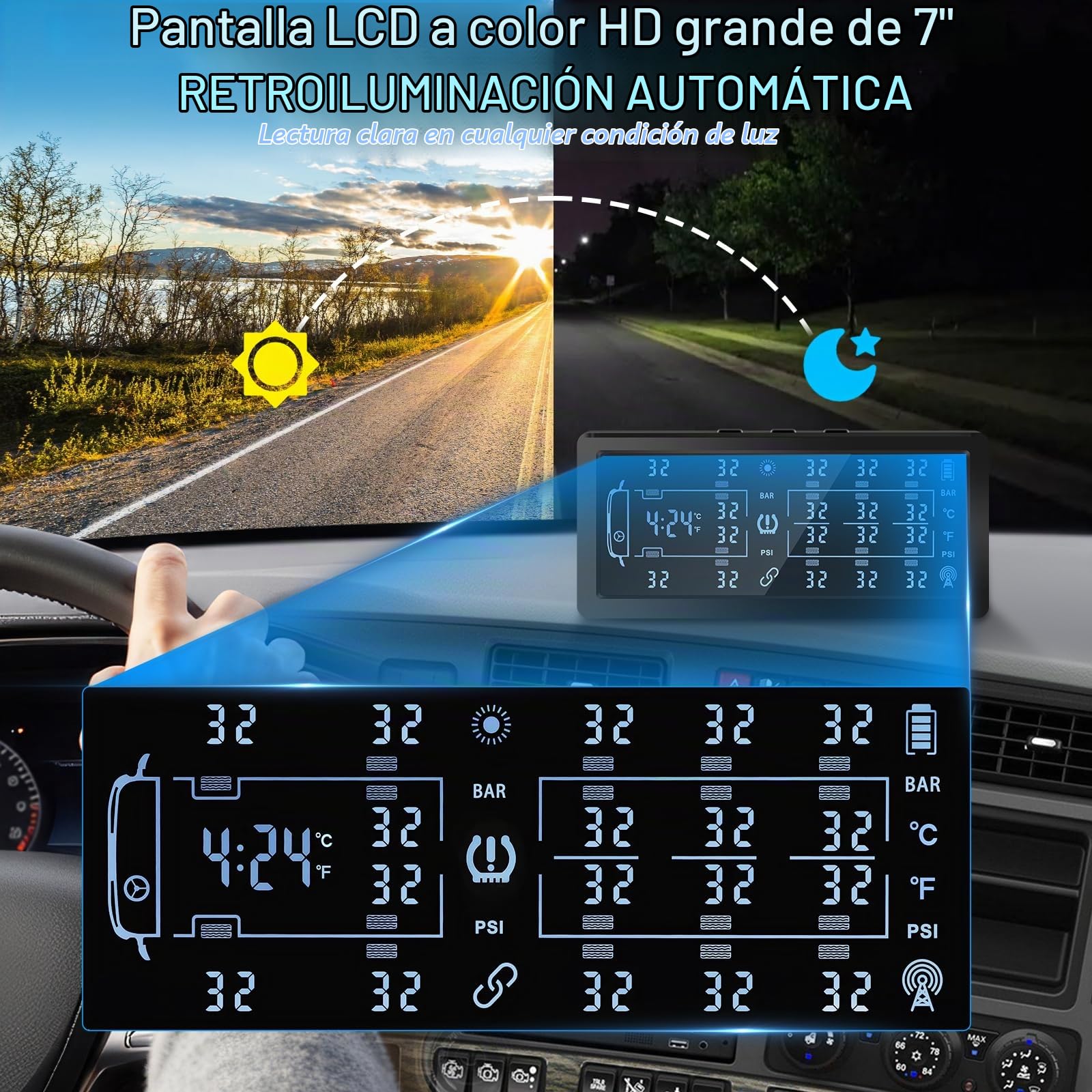 KAOLALI Sistema de Control de Presión de Neumáticos para Remolques,0-188PSI | TPMS con 10 Sensores, Carga Solar y USB, Pantalla en Color de 7", Detección a Larga Distancia, para Camiones y Autocaravanas