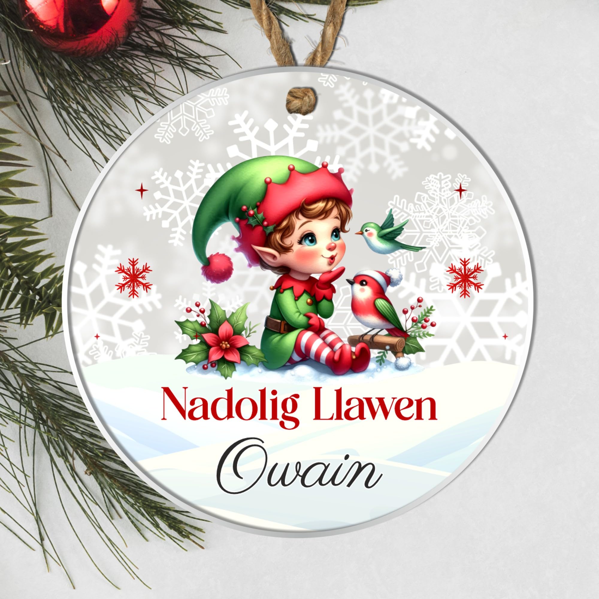 Personalised Welsh Merry Christmas Nadolig Llawen Bauble Hanging Ornament Cute Designs for Family Friends Festive Wales Gifts (Elf, Acrylic - Indoor & Outdoor use)