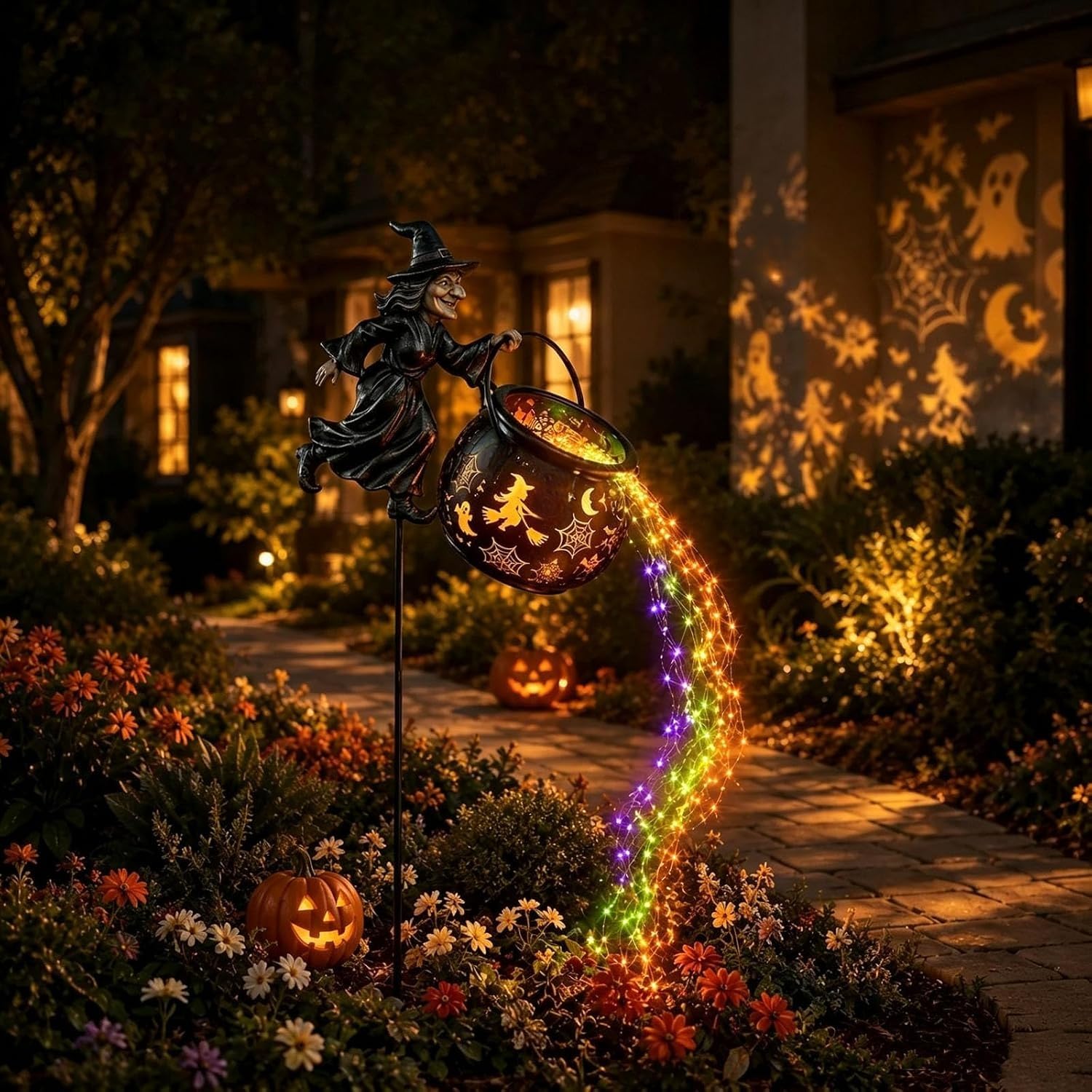 Halloween Witch Cauldron Garden Light, Halloween Multicolor Decorative Yard Light,Outdoor LED Garden Stake with Flying Witch,Witch Pattern Projection (1pcs)