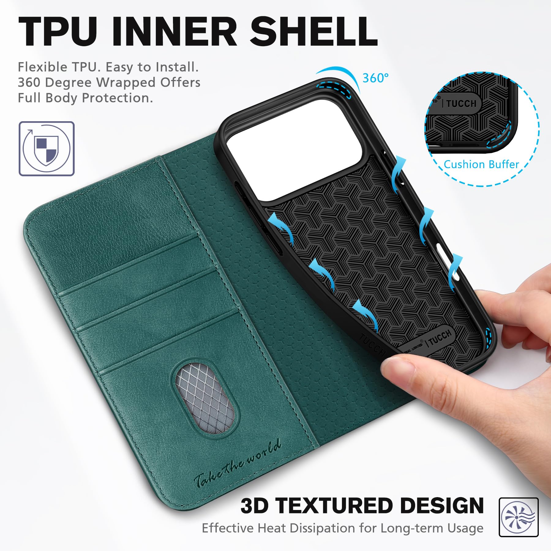 TUCCH Funda Piel para iPhone 17 Pro MAX 6,9-Pulgadas 5G 2025 [Bloqueo RFID] | Funda TPU A Prueba de Golpes Ranuras Tarjetas, Función Soporte Carcasa Case Protección Completa, Verde Pino Texturizado