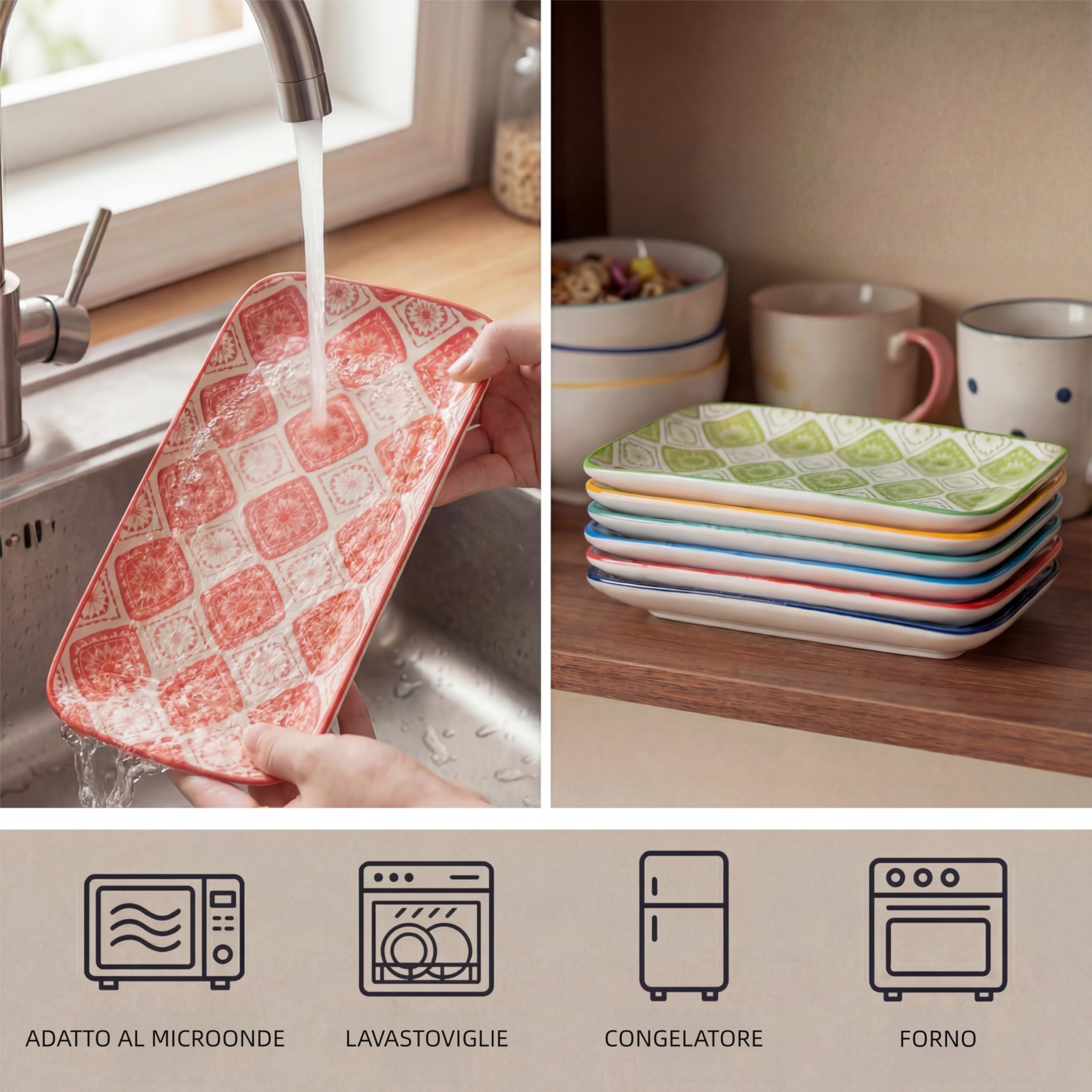 Piatti Servizio Ceramica Piatto Rettangolari - Set Piatti Colorati Design Porcellana - Piccoli Piatti Dessert | Sushi | Aperitivo | Dolce - Adatto per Microonde e Lavastoviglie - 20 x 11 cm - Set da 6
