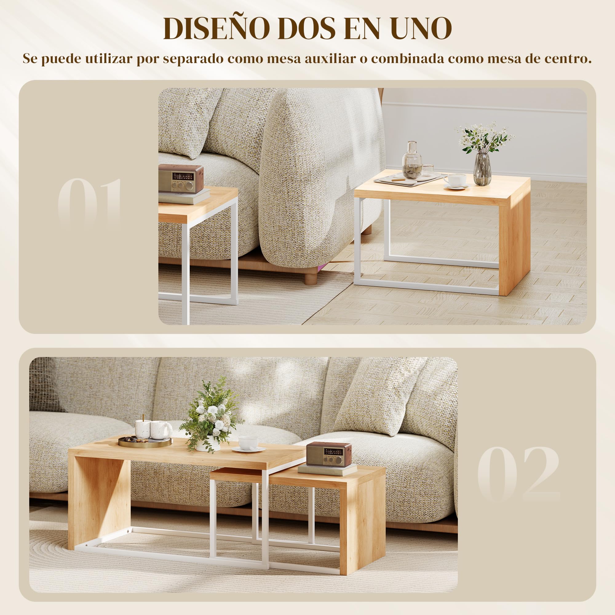HOMCOM Juego de 2 Mesas de Centro, Mesa Nido Moderna, Mesitas Auxiliares, Marco de Metal, para Salón, Dormitorio, Grande 90x48x42 cm y Pequeña 59x42x36 cm, Natural y Blanco