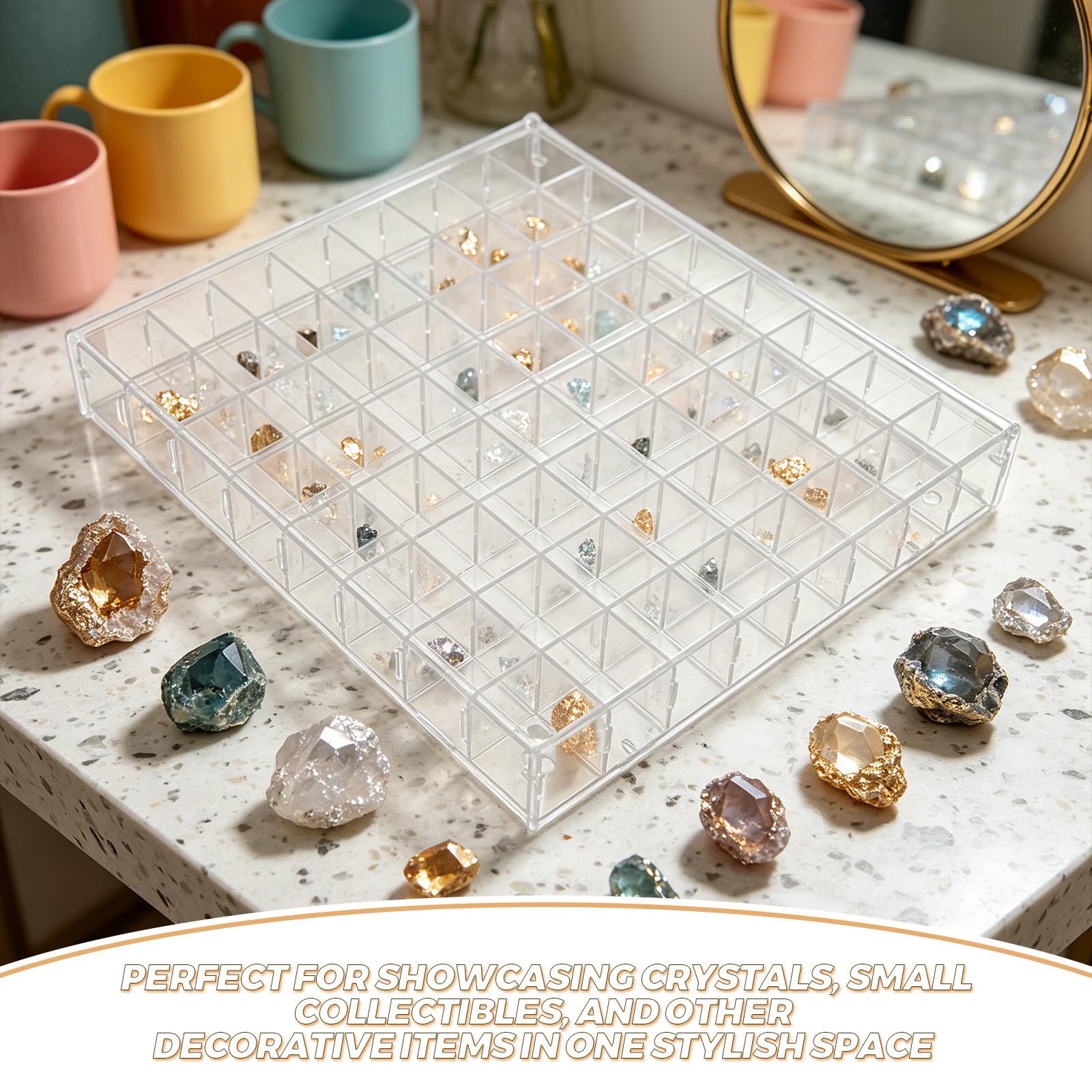 Vitrina Expositora Acrílica para Colecciones de Minerales y Cristales con 64 Compartimentos y Puerta, Adecuado para Habitaciones Compactas y Montaje en Pared
