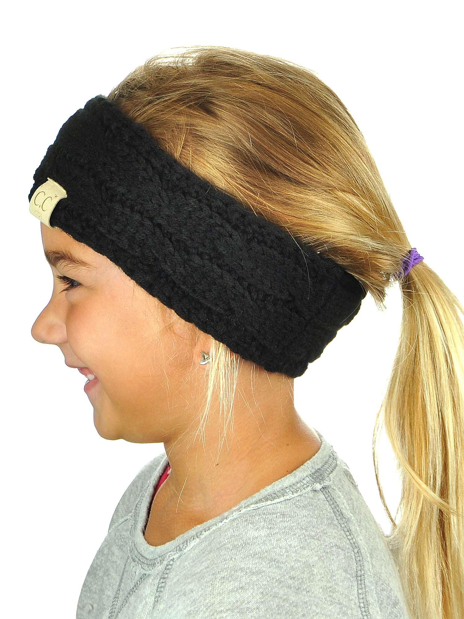 C.C Children's Kids' Winter Warm Cable Knit Fuzzy Lined Ear Warmer Headband Black/Silver