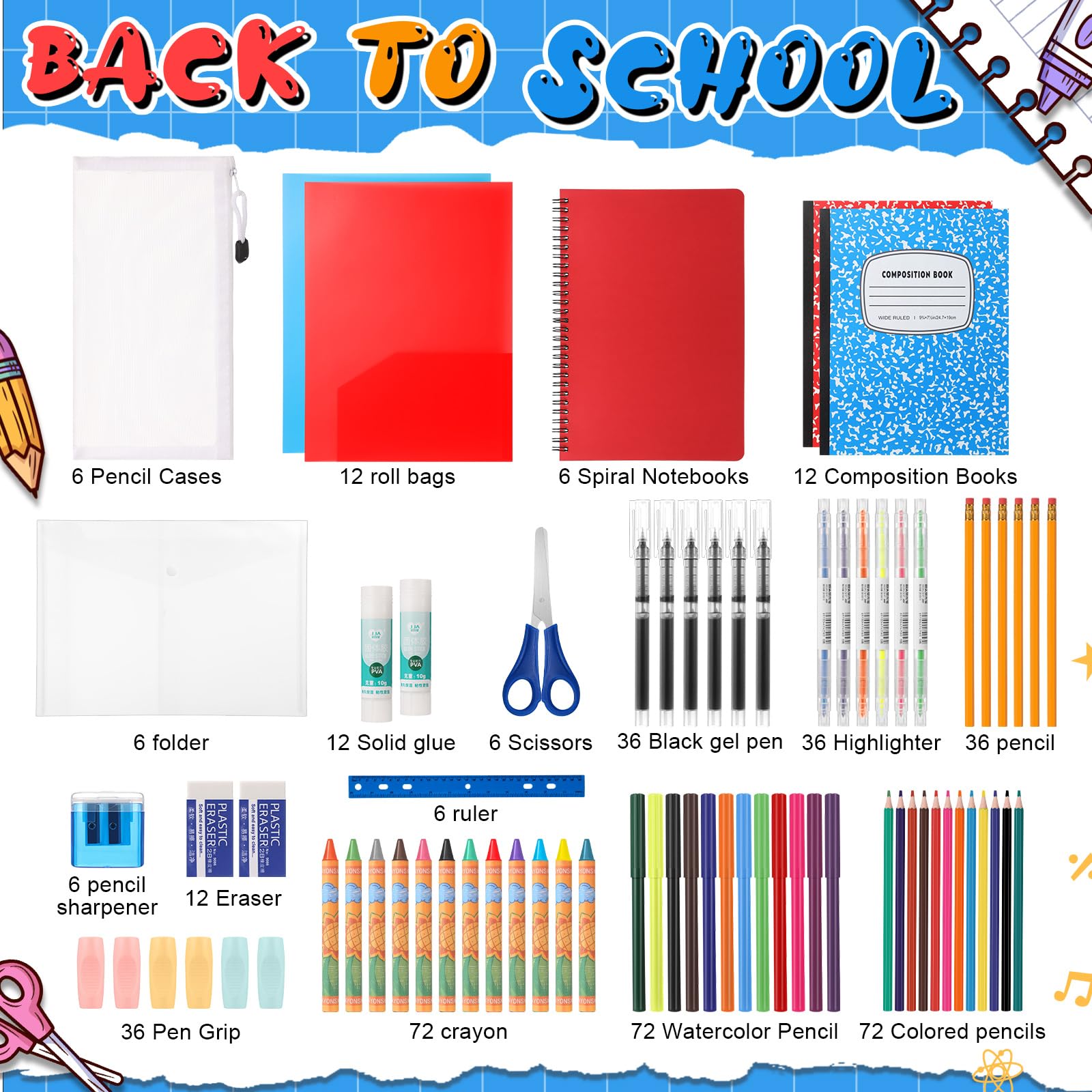Gilprop 6-teiliges Schulbedarfsset, 47-teiliges vorgefülltes Schulgeschenk-Set | Back to School Supplies, Fit Primary Middle Bundle Essential Stuff Bulk, Pen Notebook Stationery Included, for Kid Girl Boy