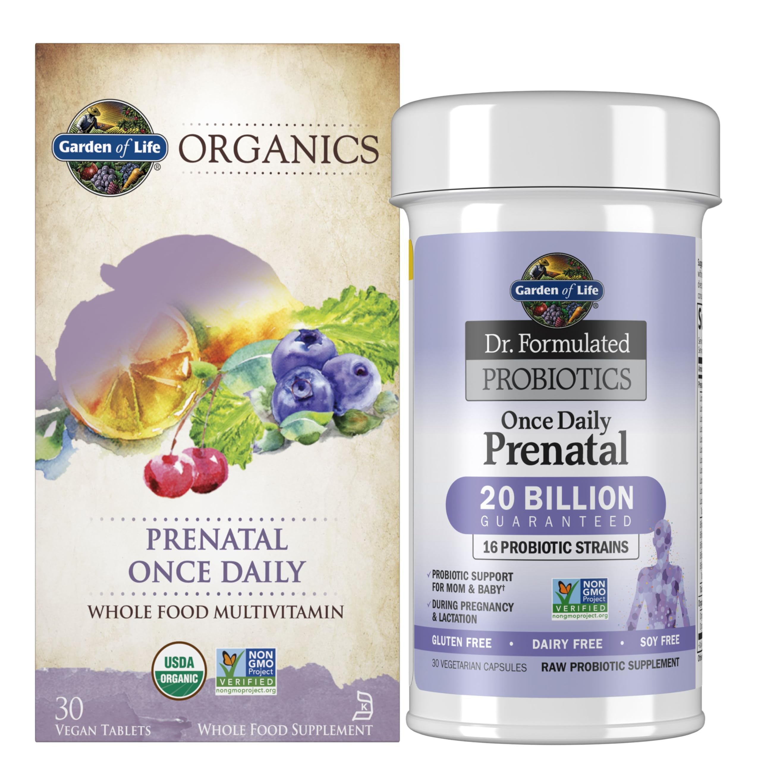 Garden of Life Multivitamínico pré-natal orgânico e probiótico pré-natal com 20 bilhões de UFC, 30 comprimidos e 30 cápsulas vegetarianas