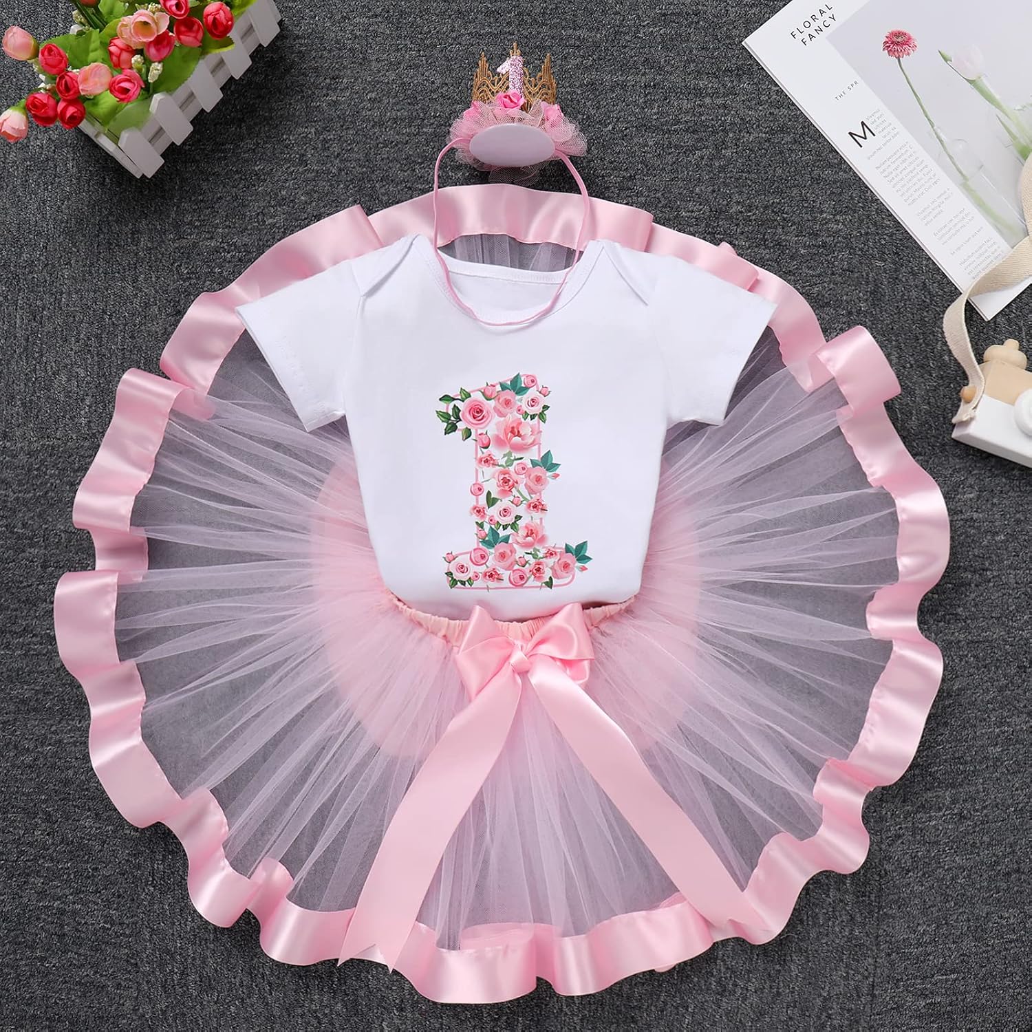 IBTOM CASTLE Baby Girl One Year Old Birthday Floral Lace Party Cake Smash Romper+Tutu Skirt Set+Crown Photo Shoot Clothes - Image 3