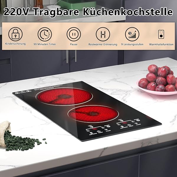 Glaskeramikkochfeld 2 Platten 3000W, 30cm Autarkes Elektrokochfeld mit Metallrahmen, Einbau-Kochfeld 2 Kochzonen (1800W+1200W), 9 Heizstufen, Sensor-Touch, Timer & Kindersicherung, Ohne Stecker - 3
