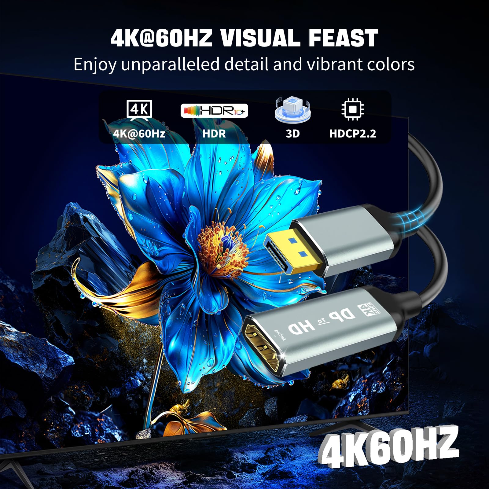 Adaptateur port d'affichage 4K vers HDMI, port d'affichage unidirectionnel ordinateur vers HDMI, convertisseur Plug & Play avec synchronisation audio et vidéo pour téléviseur HD/moniteur