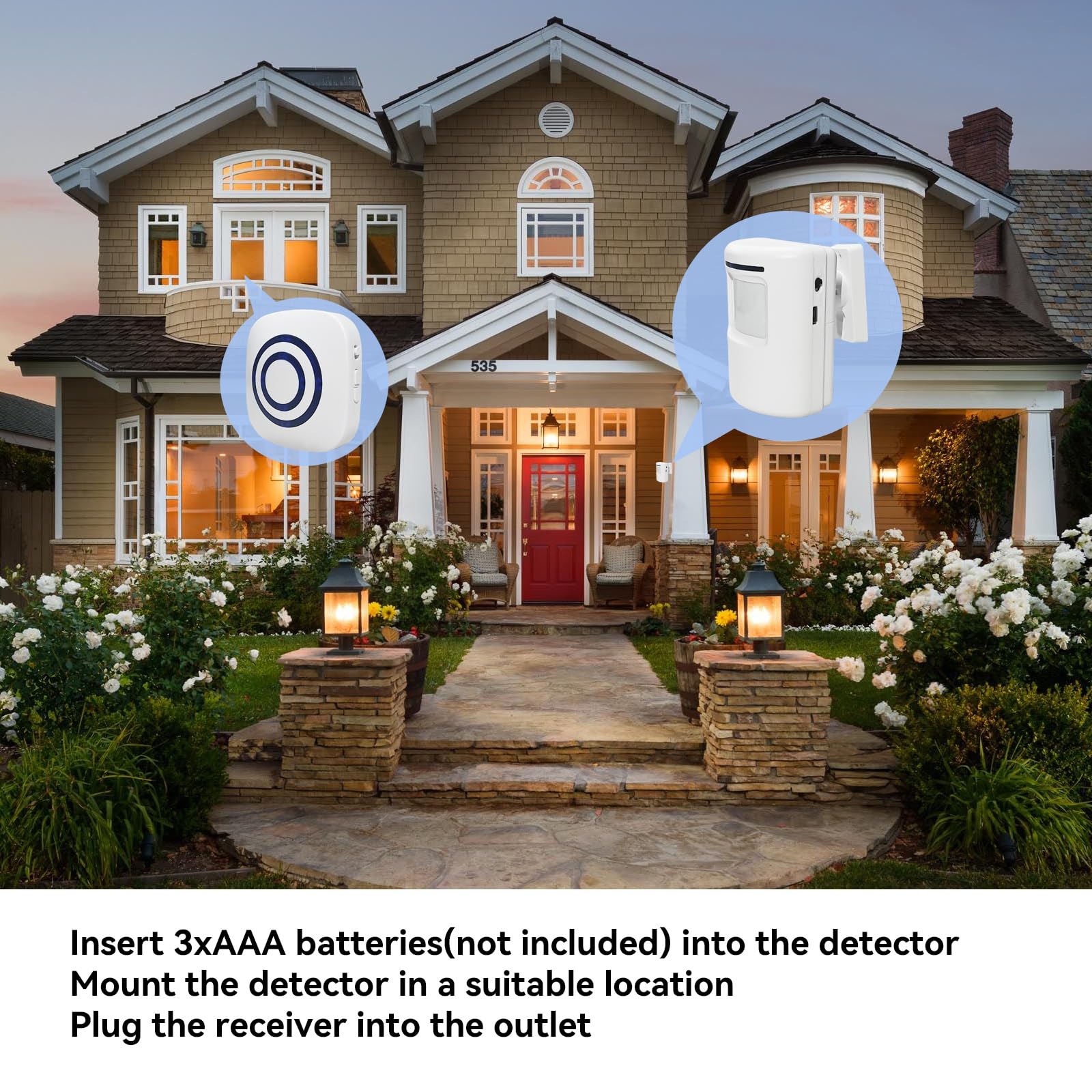Timbre de puerta inalámbrico de largo alcance, alerta de seguridad, detector de movimiento, alarma con sensor de movimiento para monitorear y proteger la propiedad del hogar (2 receptores enchufables