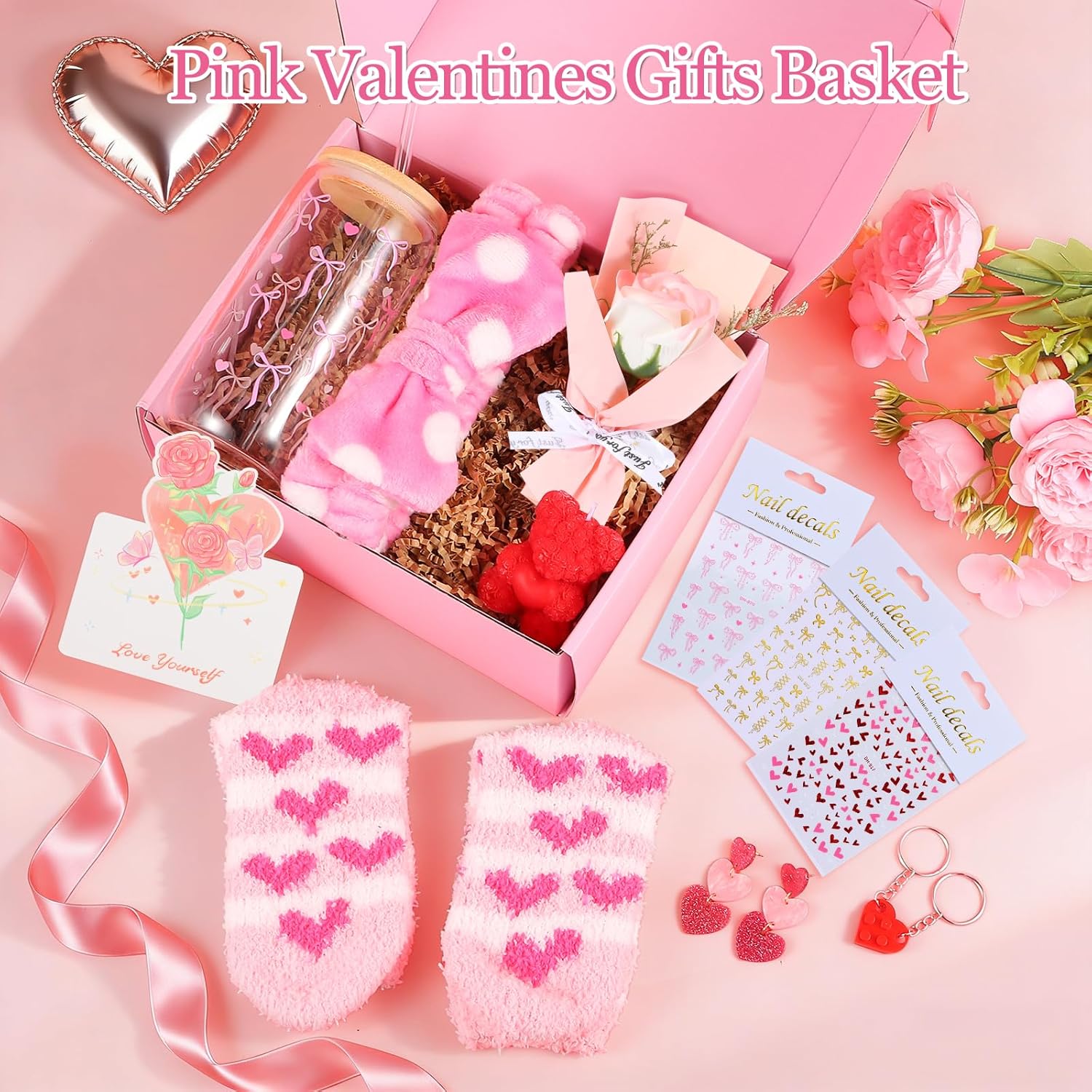 Valentines Day Gifts for Her Basket - 11Pcs Valentines Basket for Women, Pink Gifts Box with 20 oz Tumbler with Lid, Rose & Red Heart Keychain for Mom Teacher Wife Daughter Teen Girls Girlfriend - Image 7