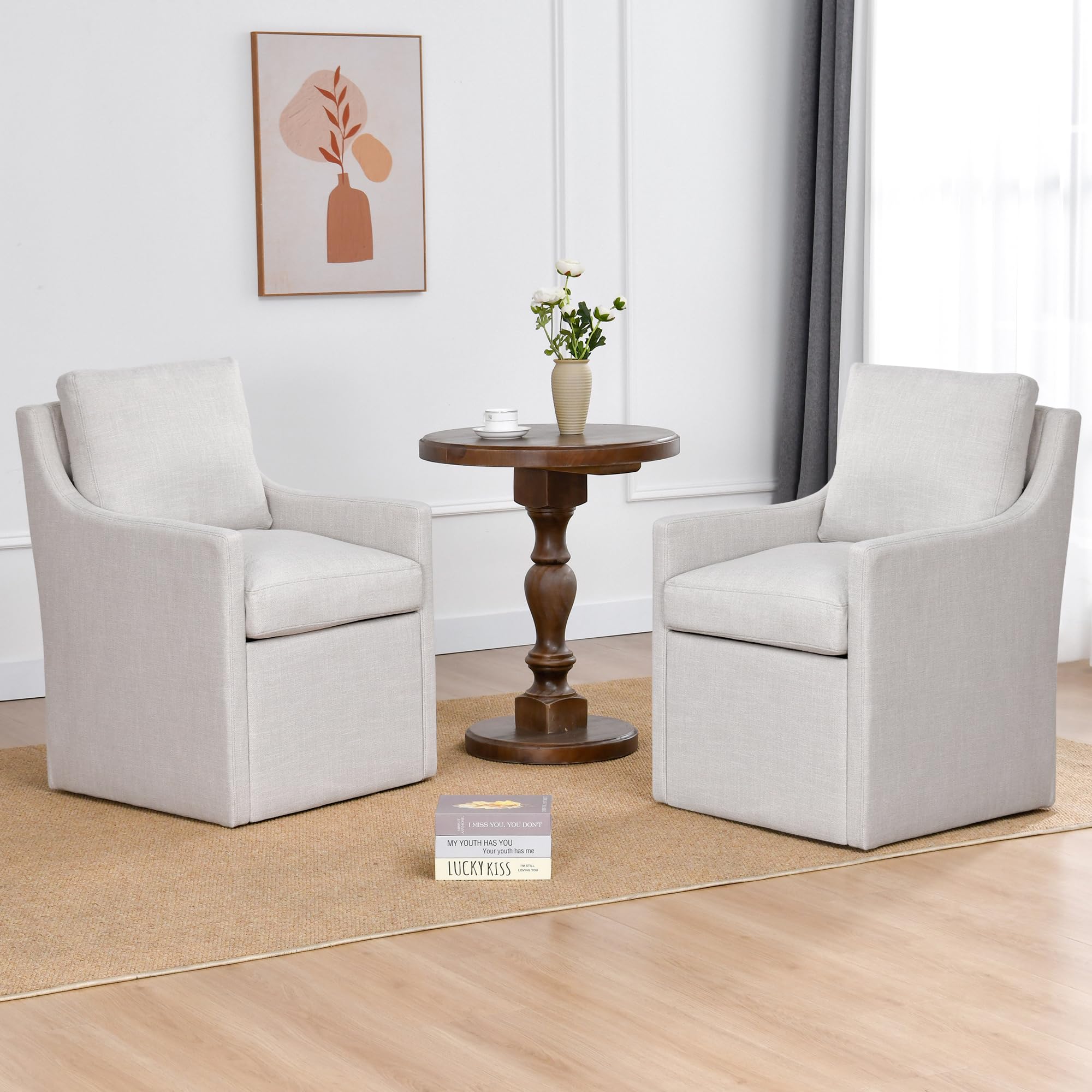 DUHOME Upholstered Dining Chairs Set of 2 with Casters,Linen Armchair for Living Room,Side Deskchair,Modern Accent Armchair with Rollers for Bedroom