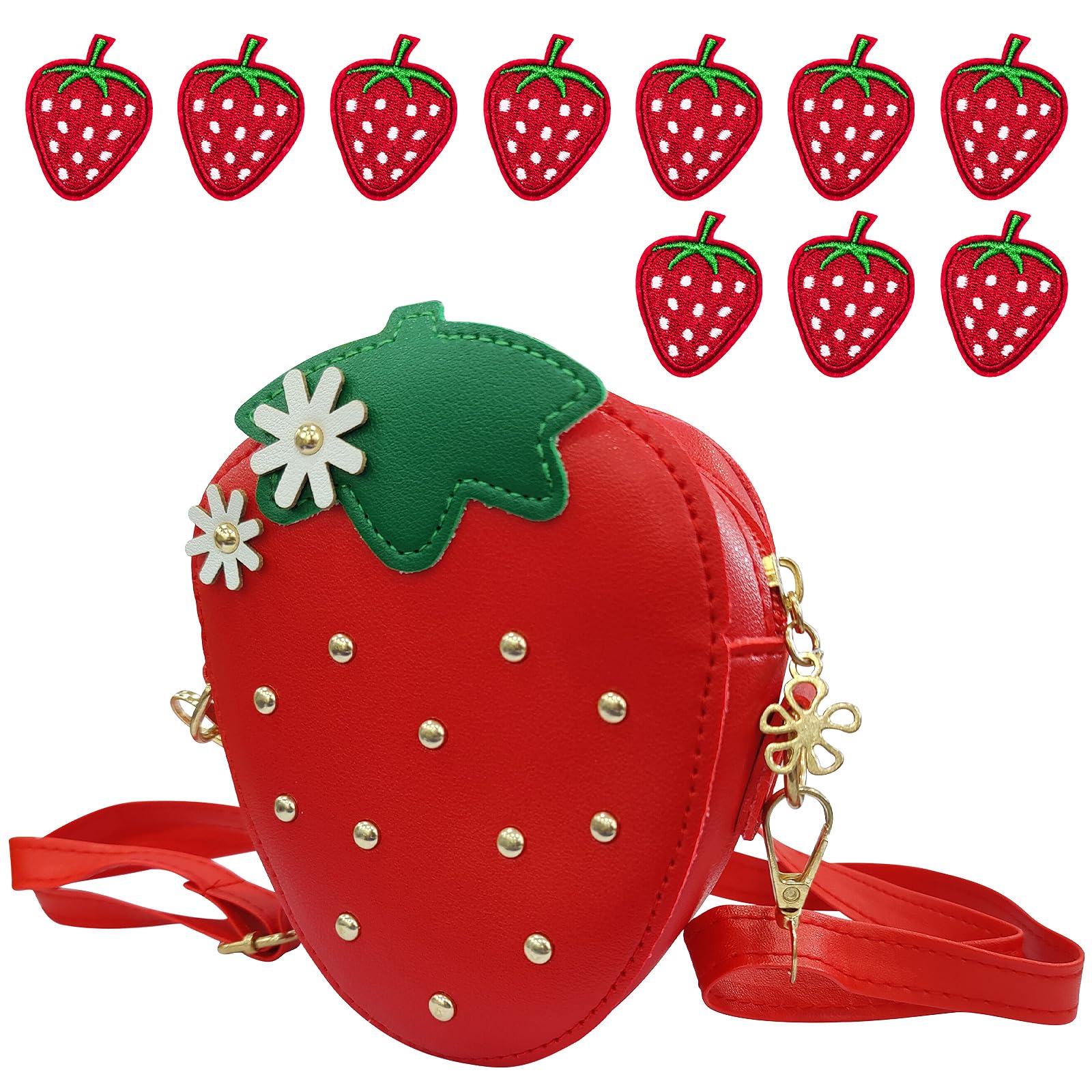 Little Girls Strawberry Purse Mini Handbag Cute Fruit Straw Cross-body Bag Weave,Comes with 10 pieces of strawberry embroidered patches PU Leather Metal Chain Phone Shoulder Bag Wallet for Women