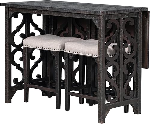 Miniatura 7 de MACHOME Juego de 3 piezas de mesa plegable de madera maciza de comedor retro con 2 taburetes de sillín para cocina, espacio pequeño, para estar,