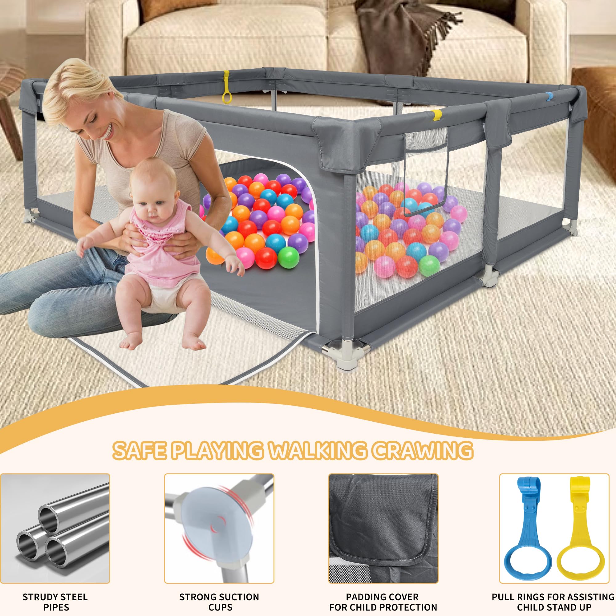 OUUTMEE Baby box 150×180 cm, parco familiare interno ed esterno, parco con base antiscivolo e porta con cerniera
