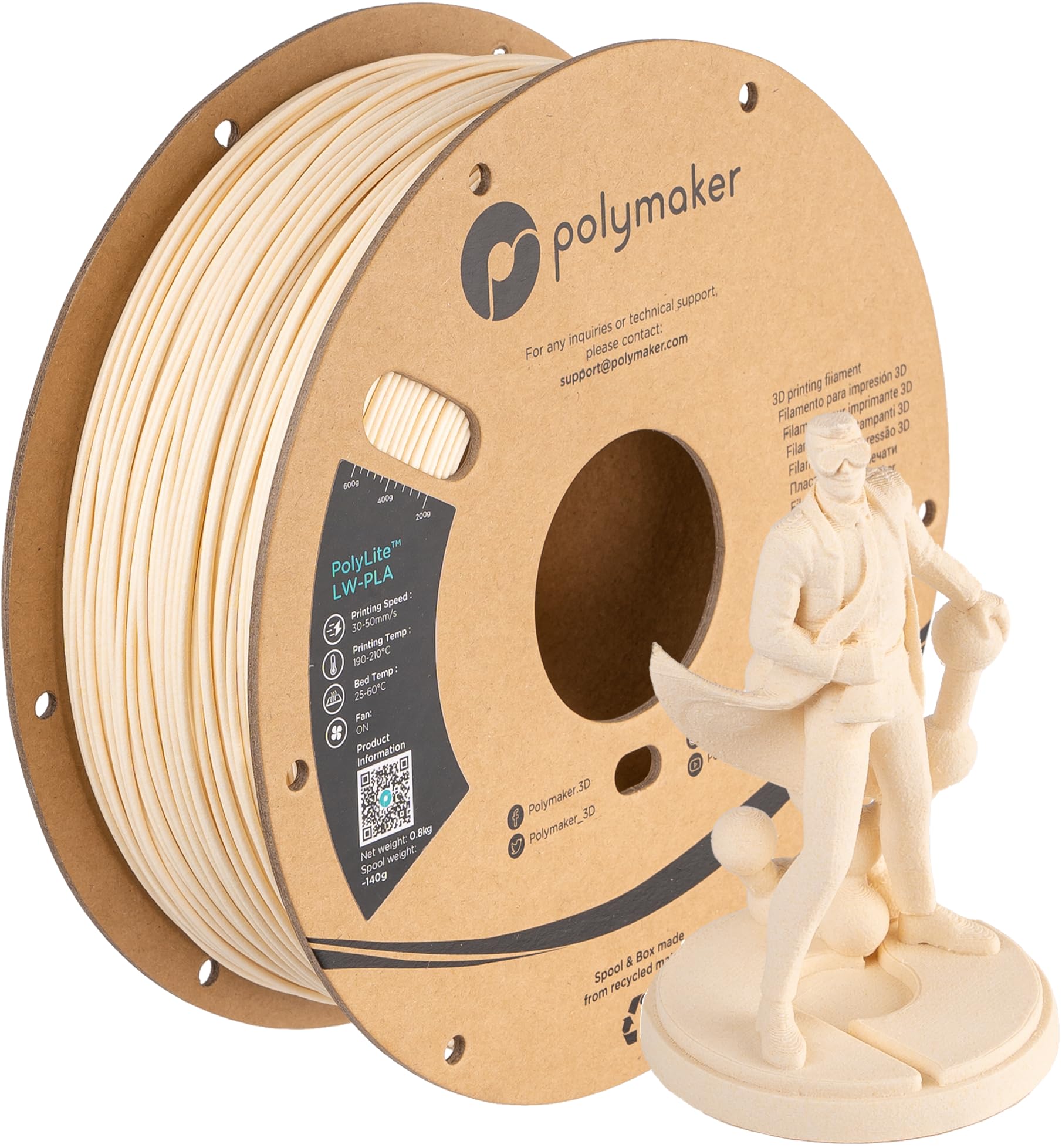 Polymaker LW PLA Filament 1.75mm White, Pre-Foamed PLA 800g Lightweight 3D Filament - PolyLite 3D Printer LW-PLA for Printing RC Plane, 190-210 °C Printing Temp. | High Rigidity | Easy to Paint