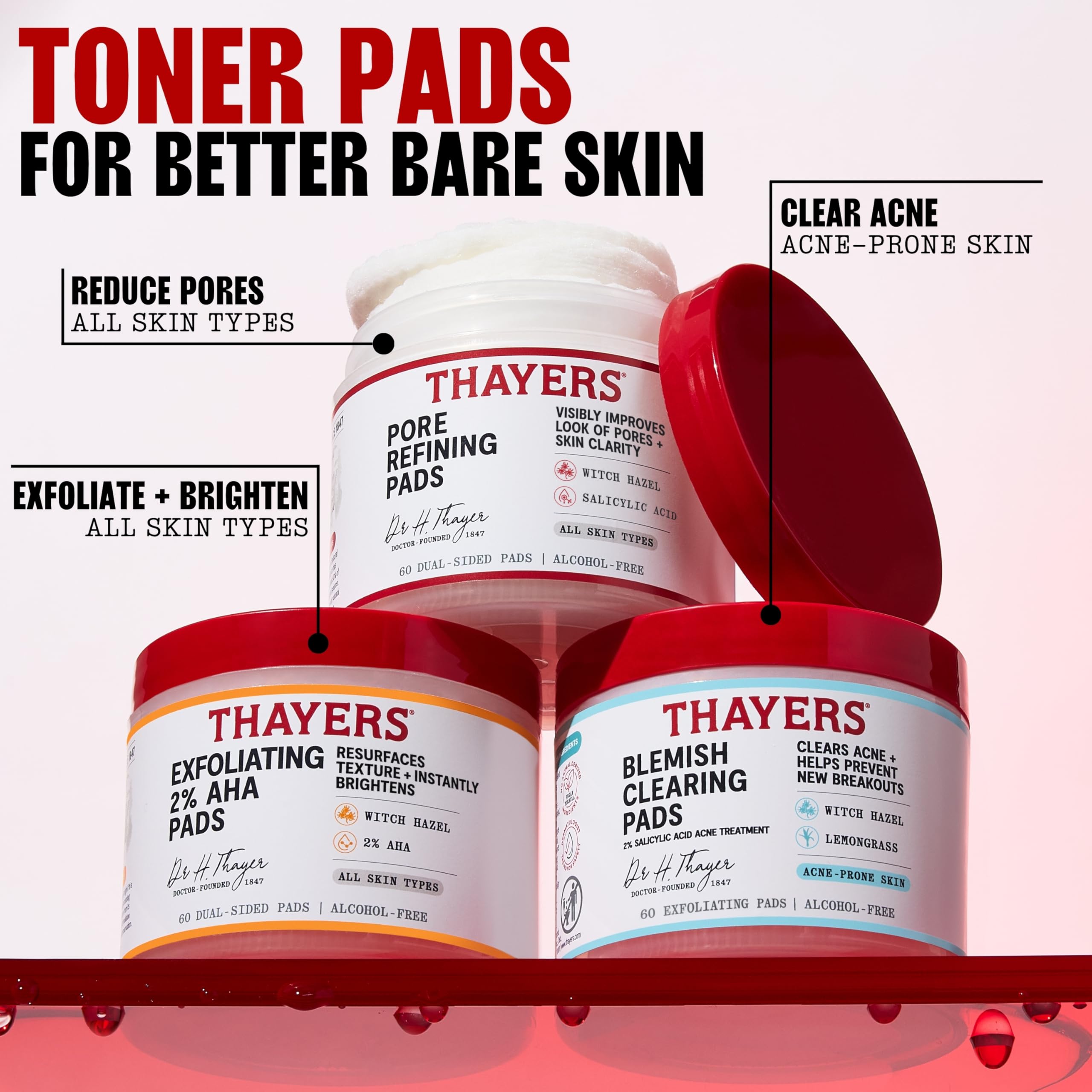 Thayers Almohadillas de limpieza de manchas de hamamelis sin alcohol 60 almohadillas
