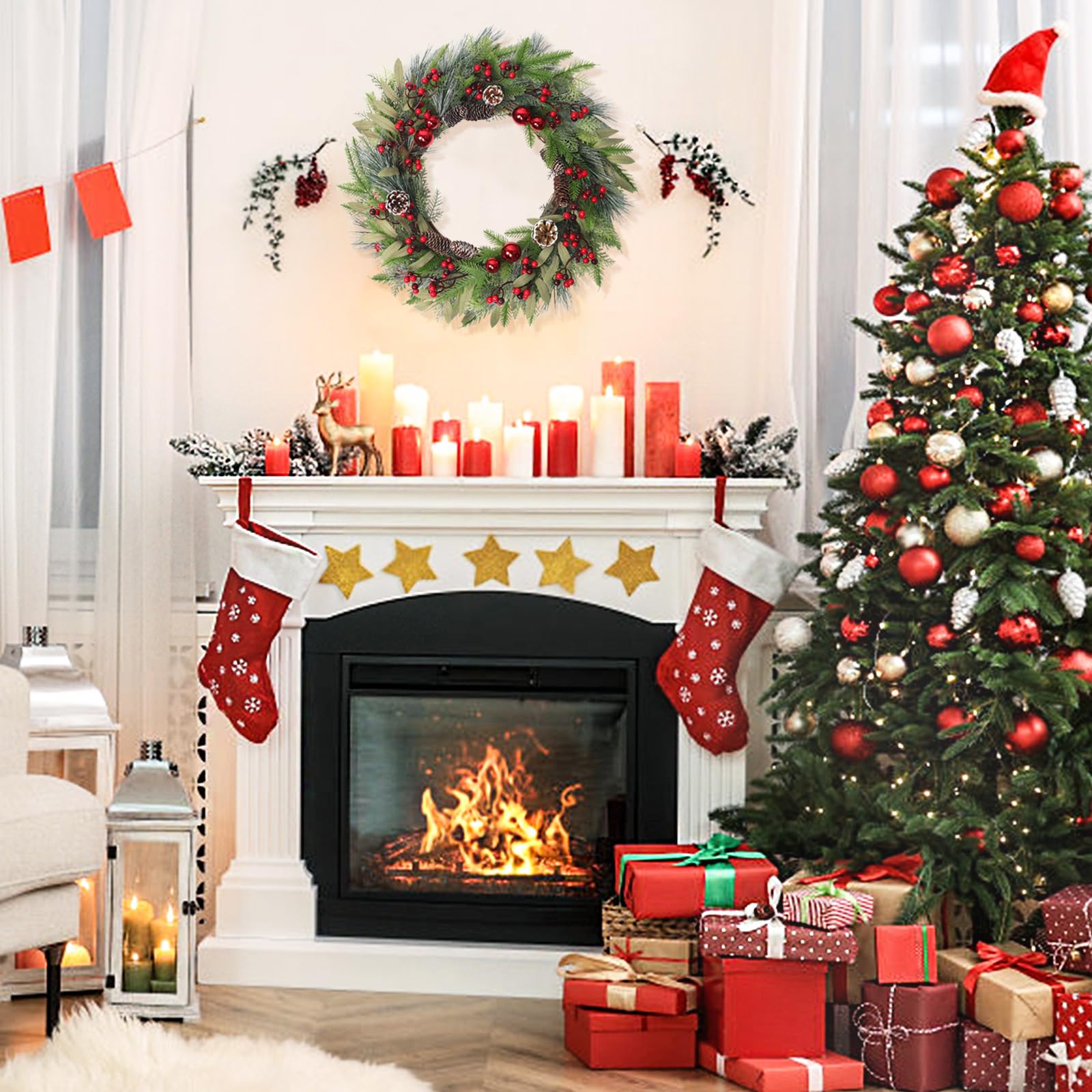 Weldomcor 60CM Weihnachtskranz Türkranz, Groß Weihnachtsgirlande Tannenkranz mit Weihnachtskugeln Kiefernzapfen Beere für Haustür Kamin Wanddekoration