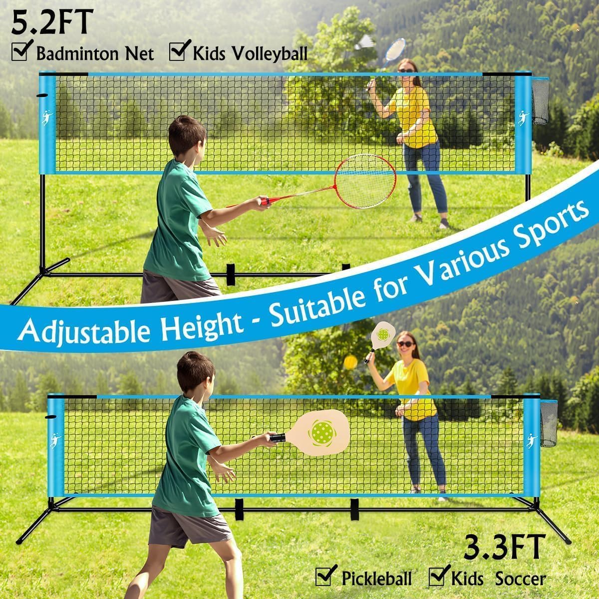 Siatka do badmintona, siatka do siatkówki ogrodowej, zestaw do pickleball z regulacją wysokości, przenośny zestaw do tenisa, piłki nożnej z kijami do siatkówki i rakietami do badmintona, do gry