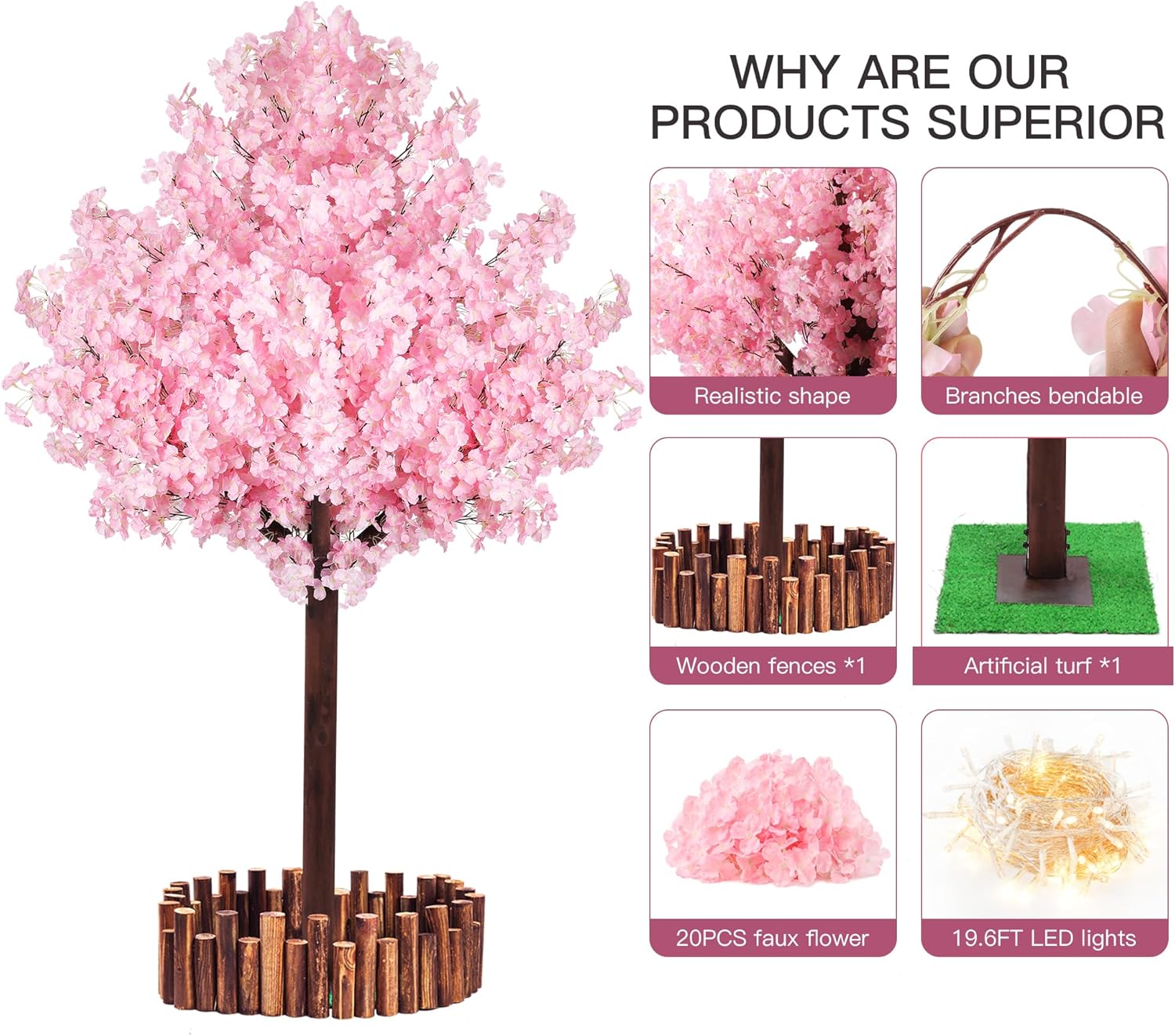 6FT Pink Artificial Cherry Blossom Tree with Warm LED Light, Handmade Reslistic Cherry Tree Prelit Christmas Tree for Indoor & Outdoor Decor for Garden, Wedding & Home (1.8M/8 Trunks)