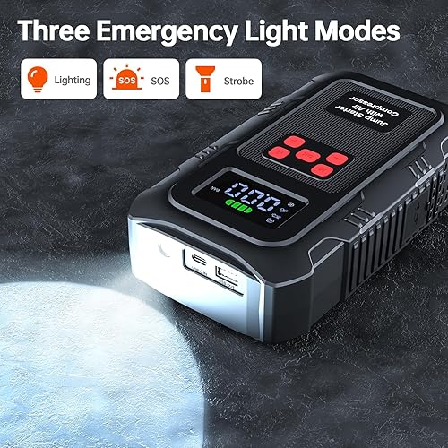 Miniatura 5 de Arrancador de 5000 A con compresor de aire, arrancador de coche A1 con inflador de neumáticos de 150 PSI, caja de salto de 12 V con pantalla LCD