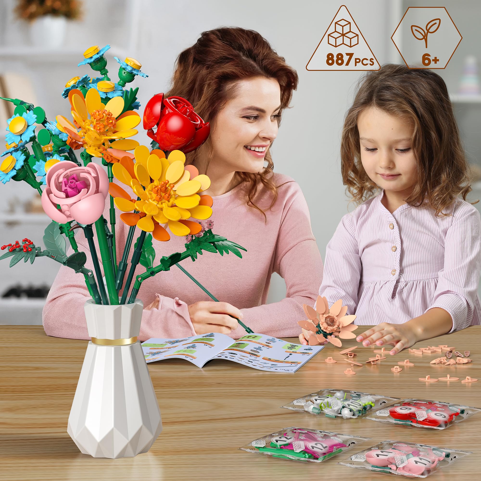 Kit de Construcción Ramo de 13 Flores Artificiales, 887 Pcs con Flowers Roses para Decoración Hogar y Oficina, Regalo Día de la Madre, San Valentín y Cumpleaños Niños 6+/Adultos