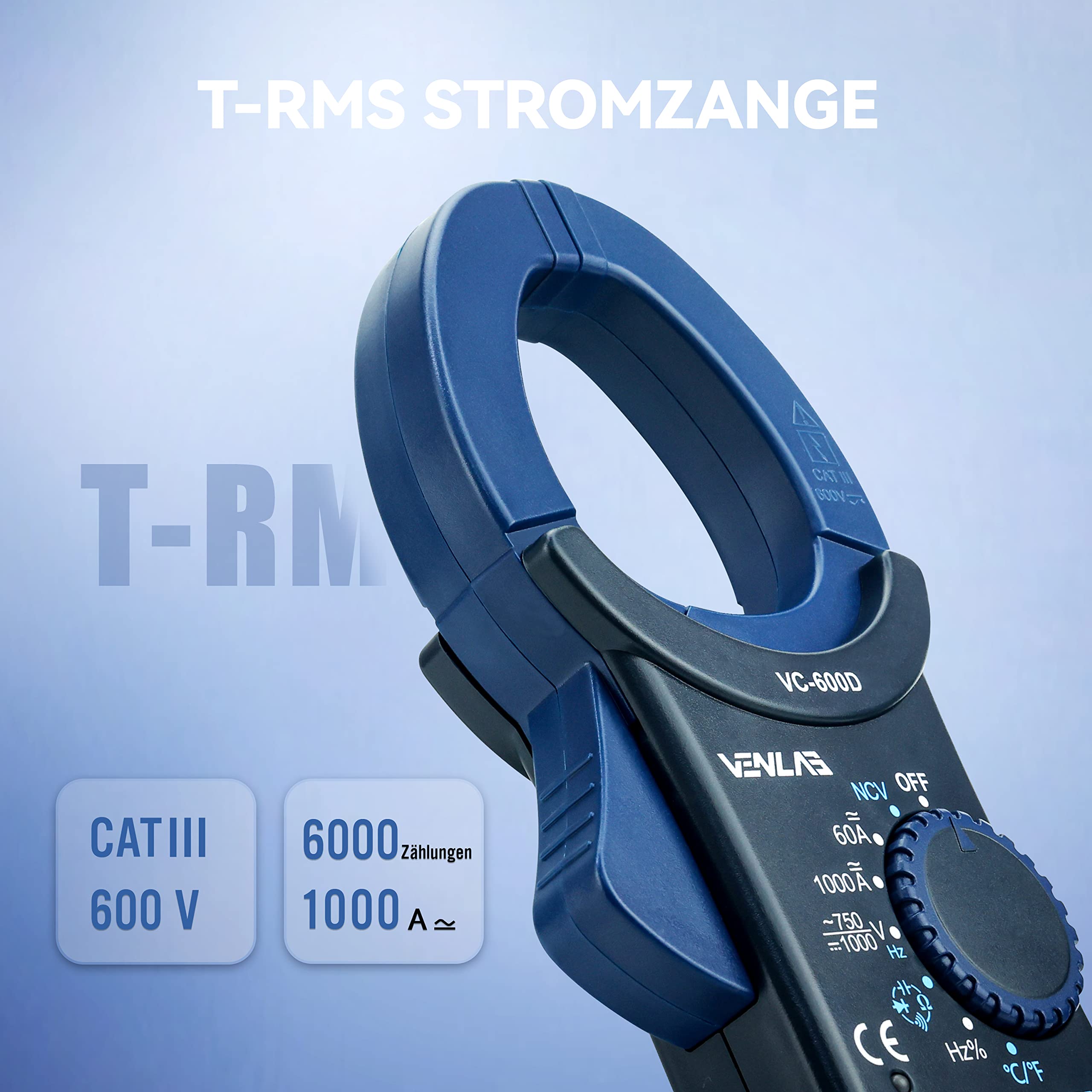 VENLAB Stromzange 1000A True-RMS AC/DC-amperezange, CAT III 600 V Auto-Range 6000 Zähler, Strommesszange für KFZ Haushalt Auto, Misst Spannung Strom Temperatur Widerstand Frequenz (VC-600D)