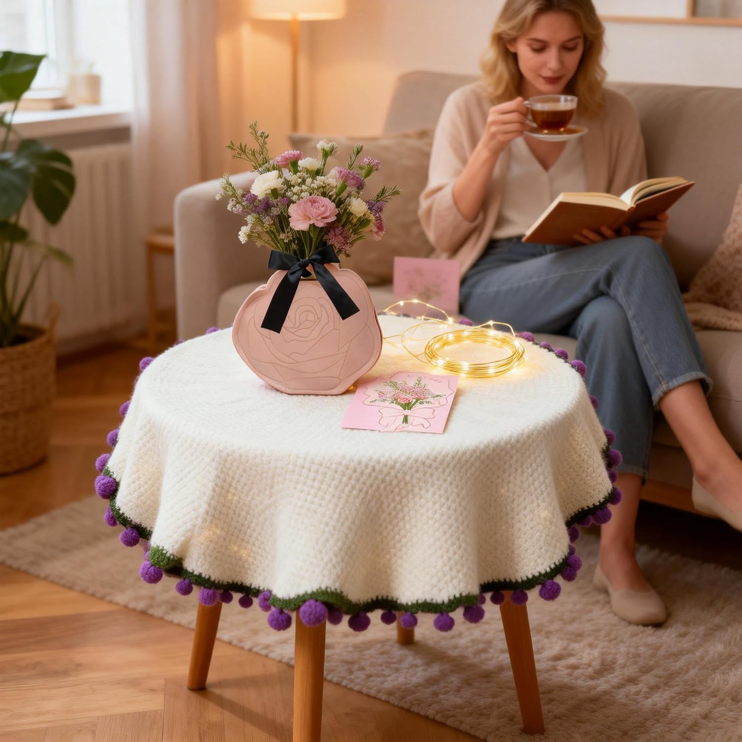 Crochet Flower Bouquet Throw Blanke twith 68 Roses, 43 Inch Round Plush Throw, Gift Card, Felt Gift Box for Her Girlfriend Mom Mother’s Day Valentine Wedding Anniversary Birthday, Purple