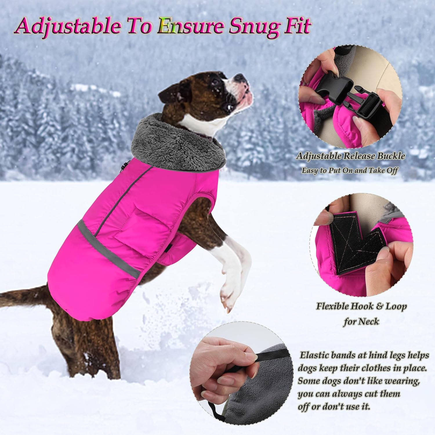 Dogcheer Warm Dog Coat, Christmas Dog Jacket Waterproof Puppy Winter Coat with Buckles, Reflective Adjustable Pet Snow Jacket Turtleneck Fleece Sweater for Small Medium Large Dogs - Pink, S - Image 3