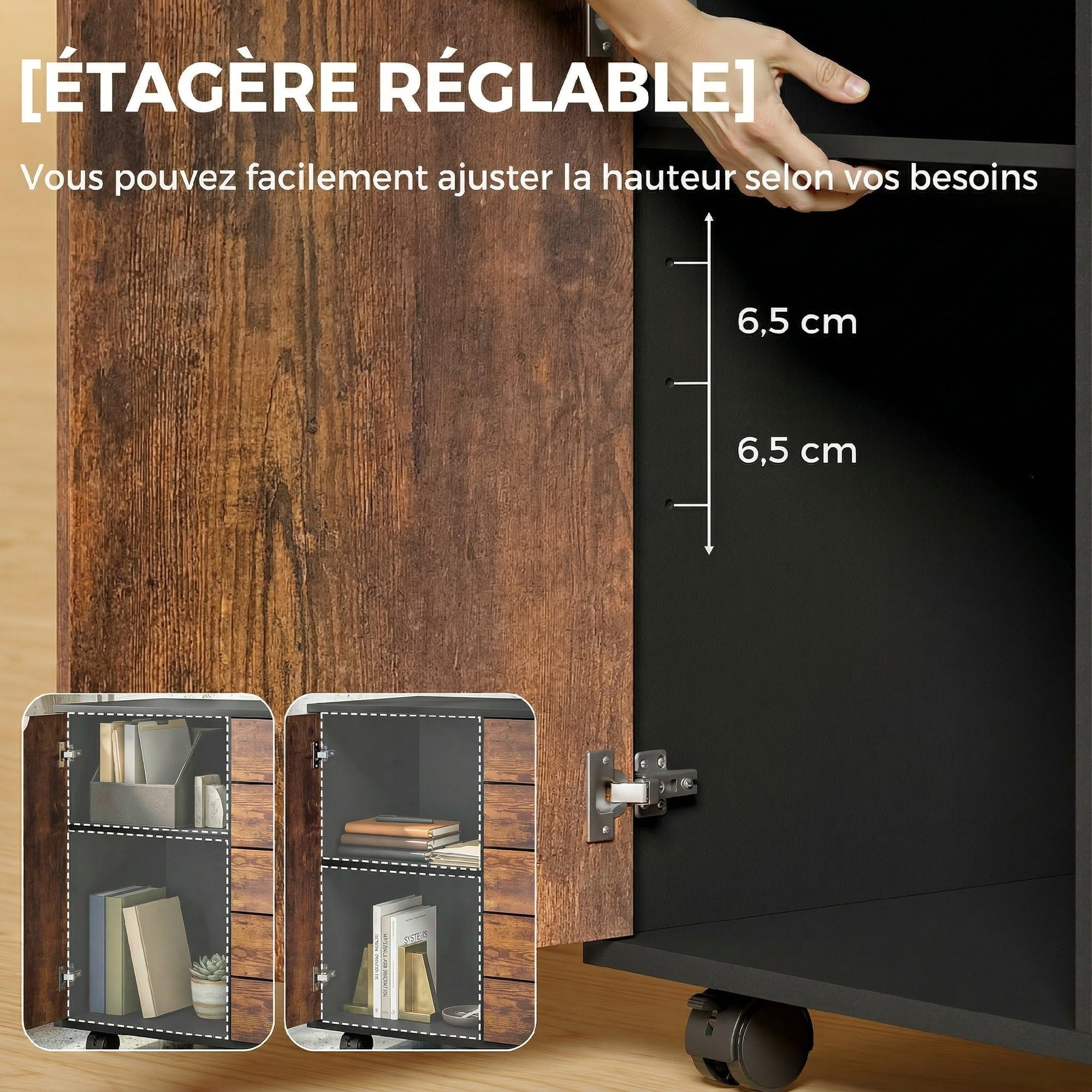 HOMCOM Cassettiera da Scrivania Mobile con 5 Cassetti e 1 Anta, Ripiano Regolabile, Armadio per Documenti e Cancelleria, 78 x 40 x 66,5 cm, Marrone Rustico