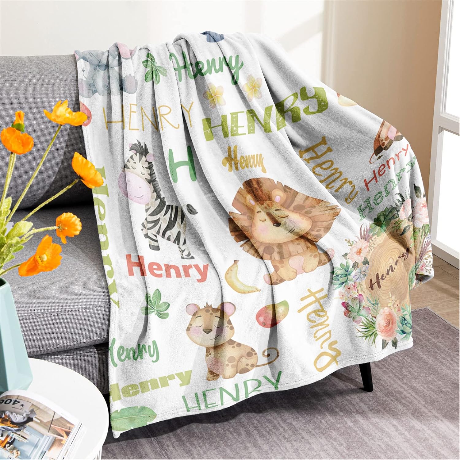 KAINSY Personalized Animals Baby Throw Blanket for Boys Girls Jungle Safari Custom Name Nursery Bed Blankets for Newborn Kids Cute Birthday Gifts, Olive Green, 40 x 50inch