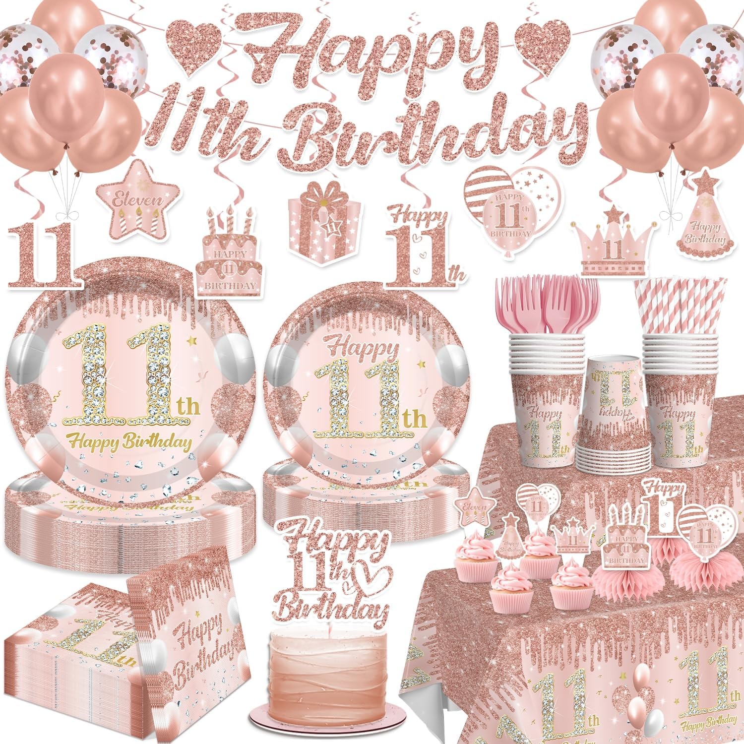 Xynic 205 PCS Rose Gold 11th Birthday Decorations for Girls, Tableware Set with Plates, Napkins, 2 Tablecloths, Balloons, Banner & Cake Topper, Elegant 11 Year Old Girl Birthday Decorations, Serves 25